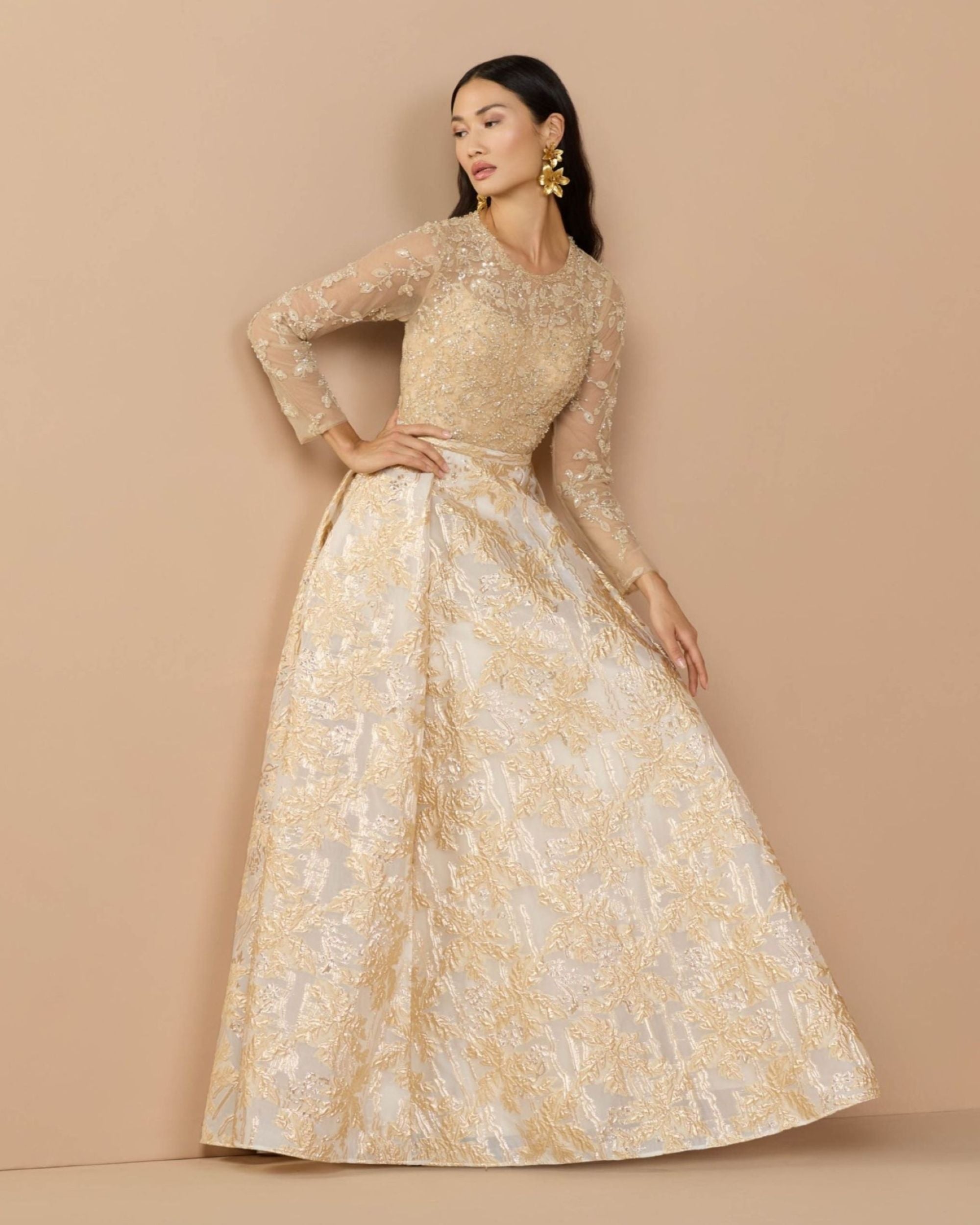 Light Gold Long Sleeve Beaded Brocade Skirt Ball Gown