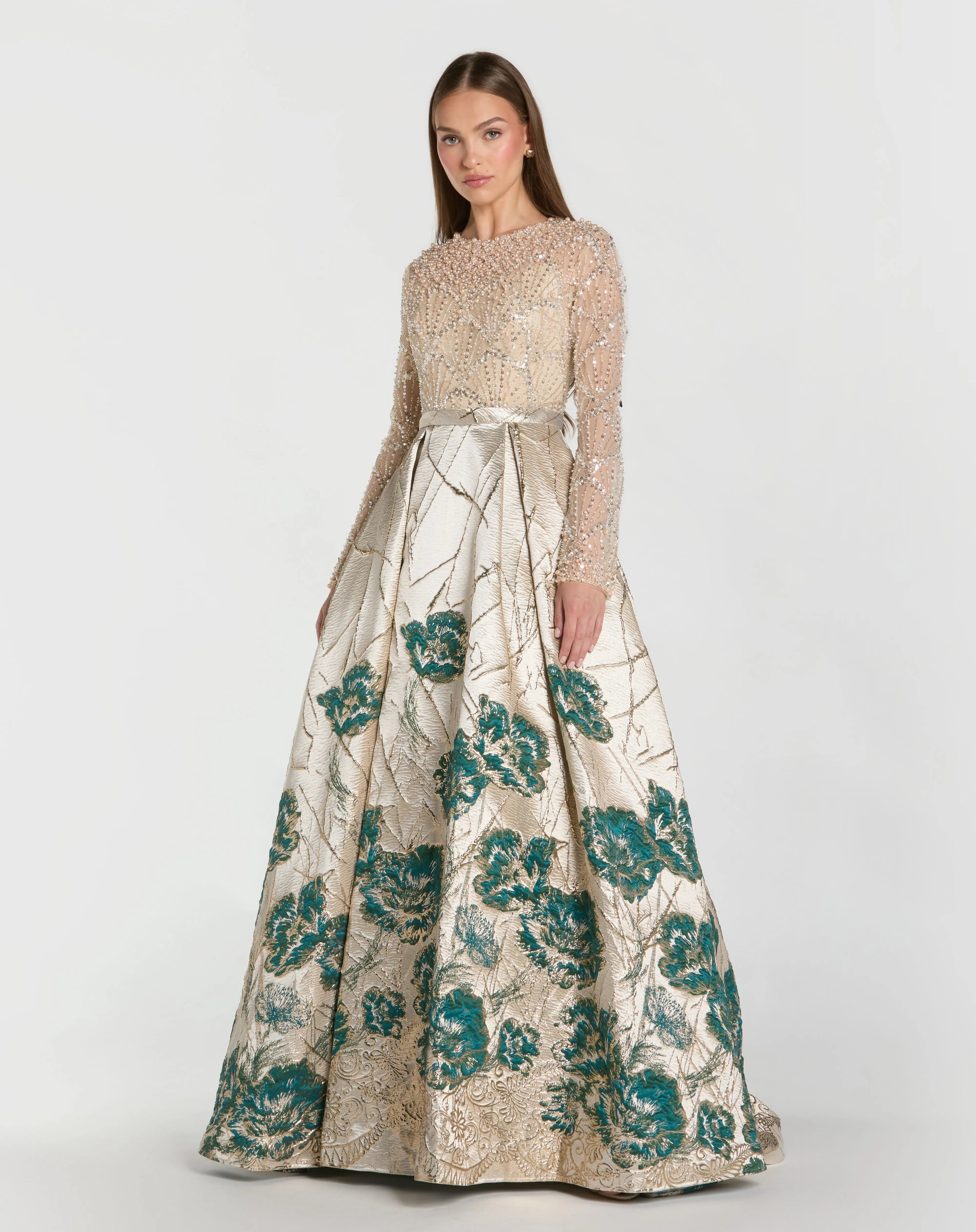 Gold Long Sleeve Embellished Floral Brocade Ball Gown