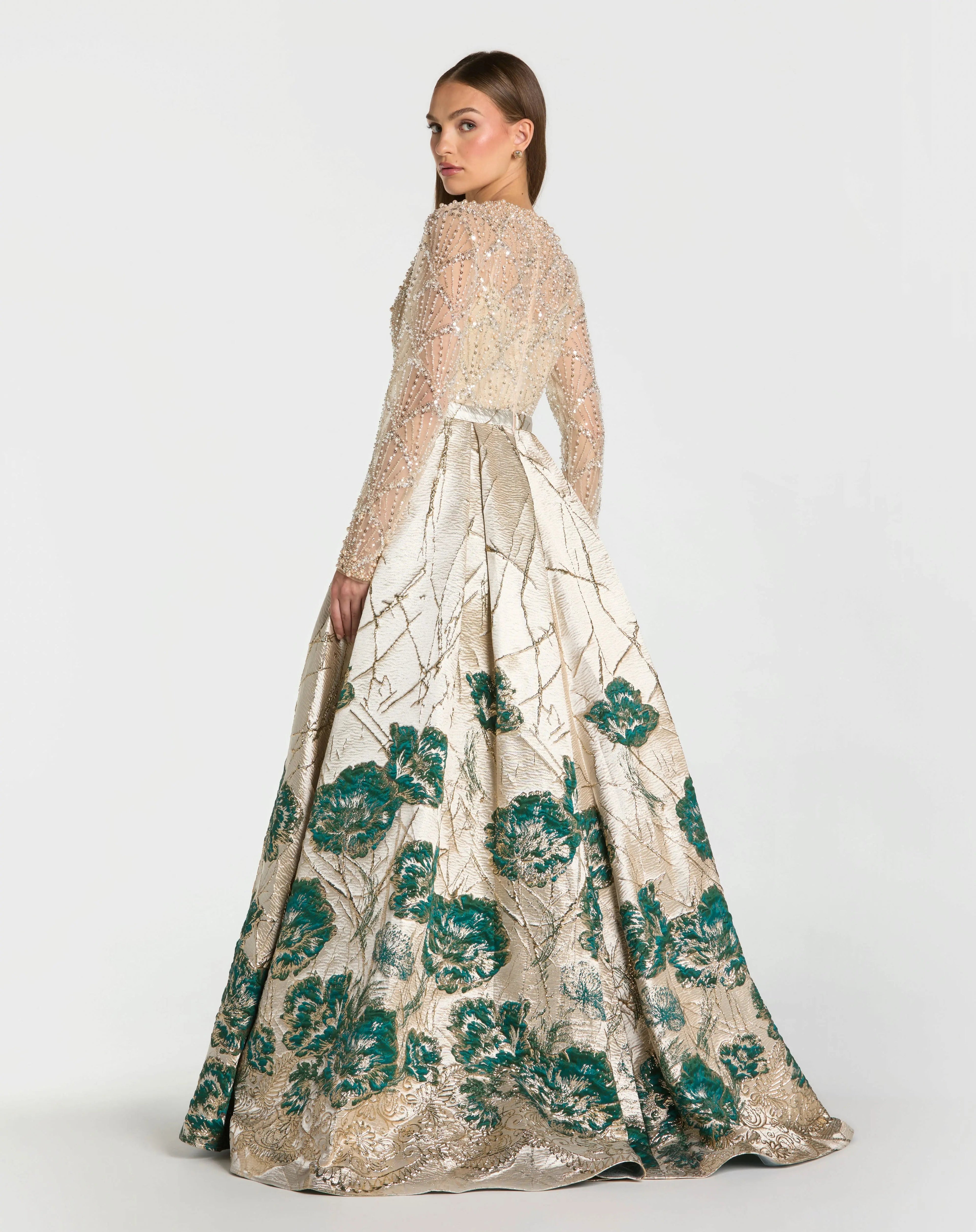 Gold Long Sleeve Embellished Floral Brocade Ball Gown