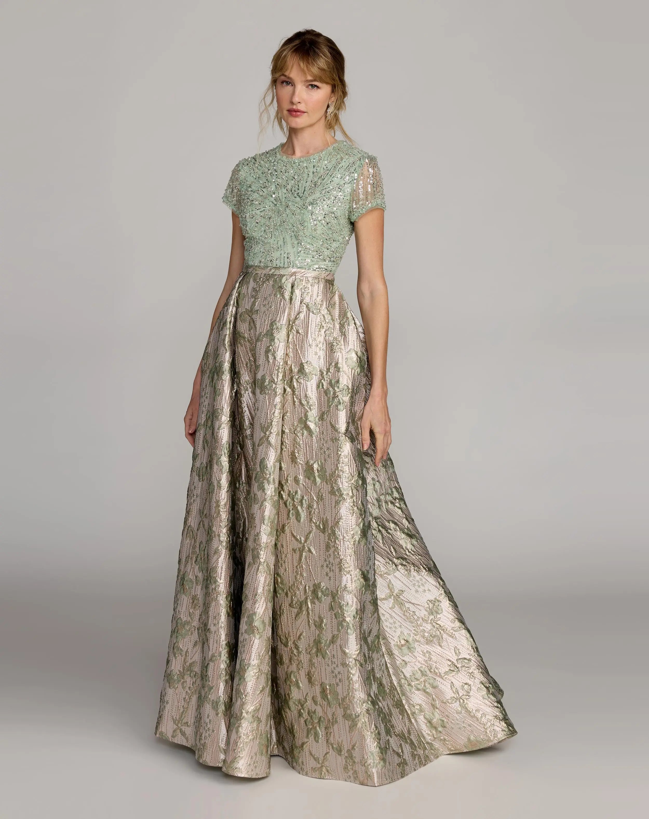 Green Sequin Cap Sleeve Brocade Ball Gown