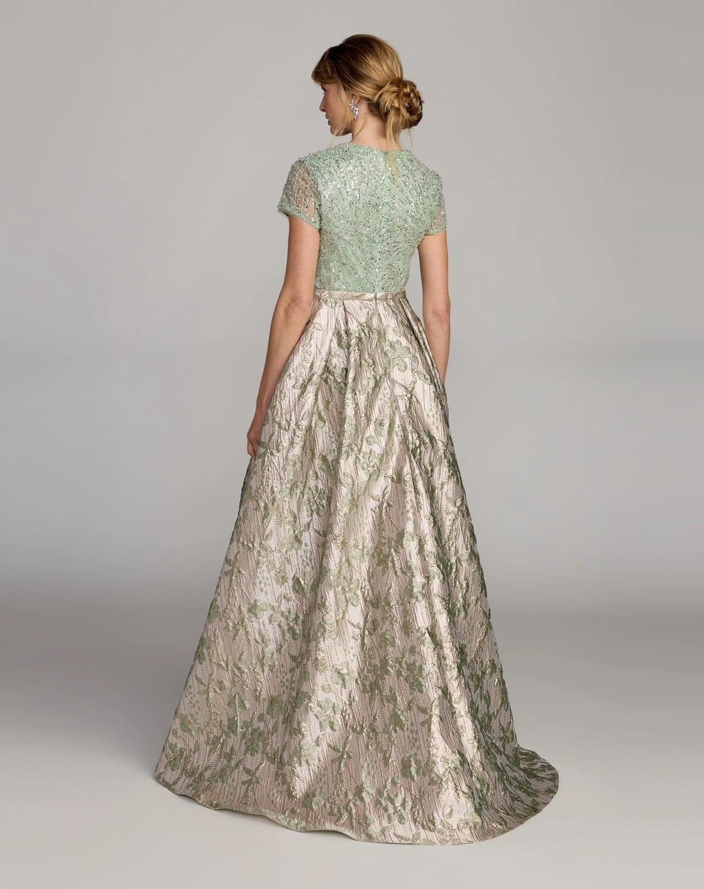 Green Sequin Cap Sleeve Brocade Ball Gown