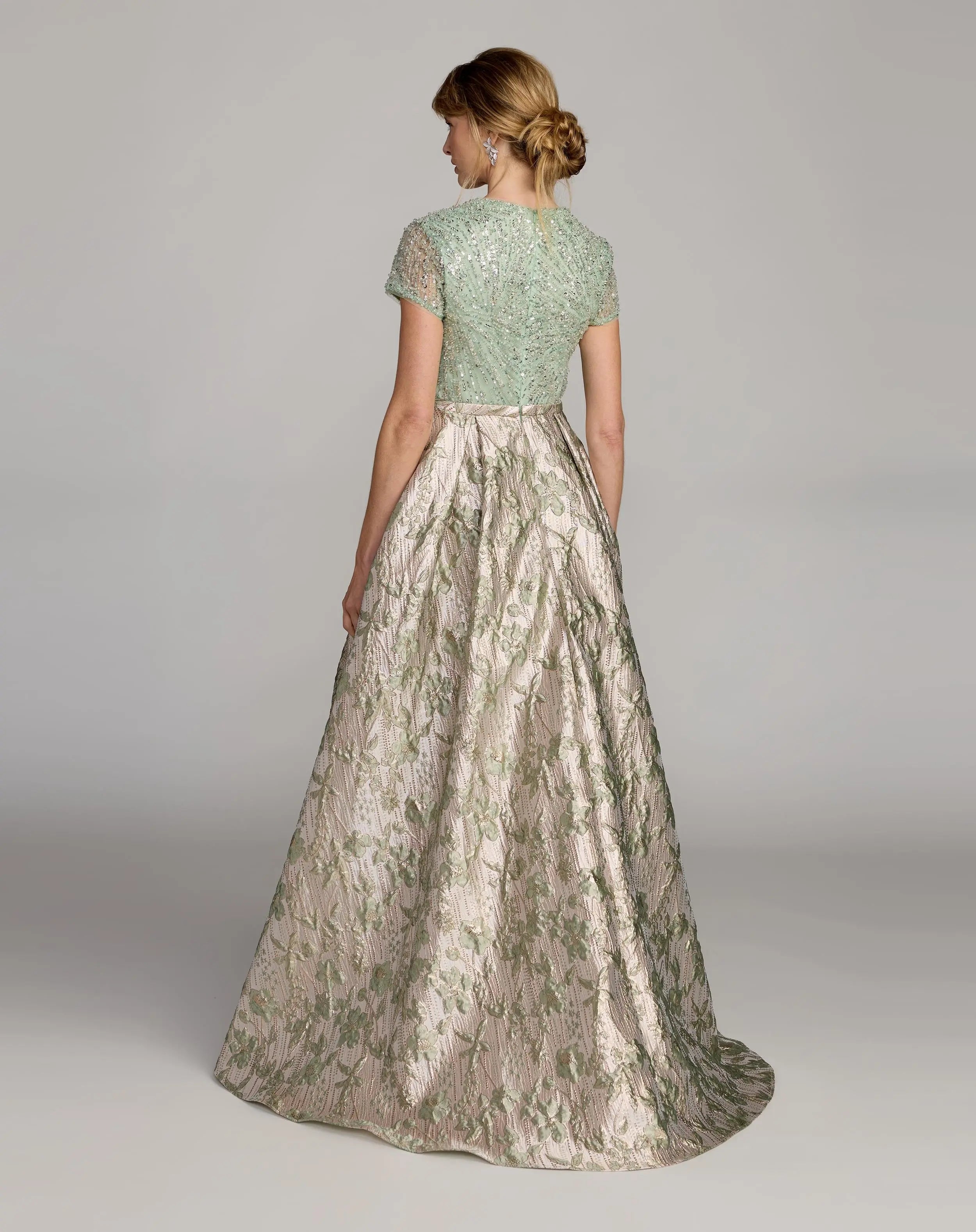Green Sequin Cap Sleeve Brocade Ball Gown