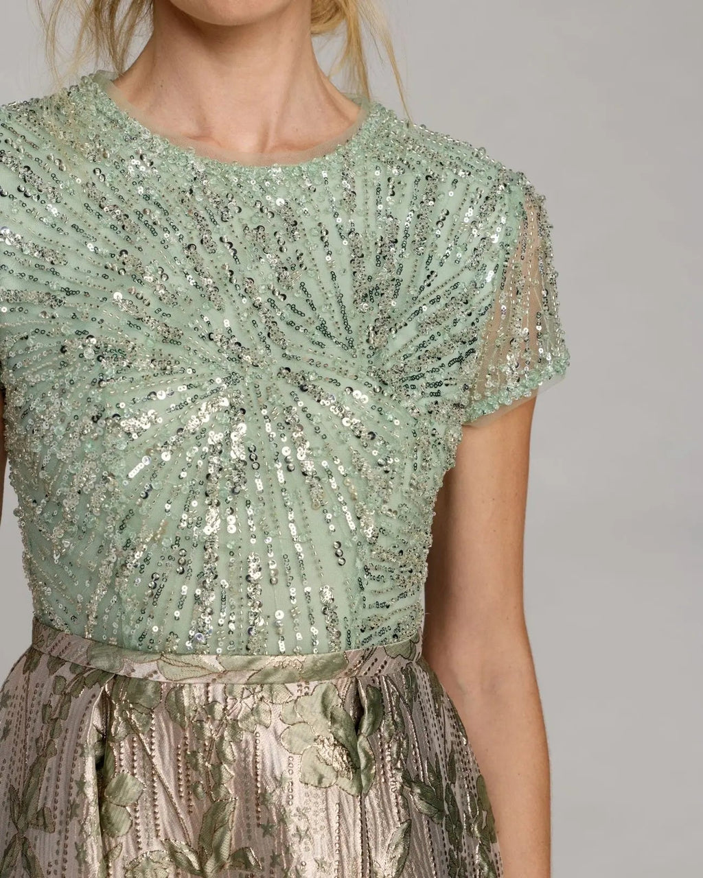 Green Sequin Cap Sleeve Brocade Ball Gown