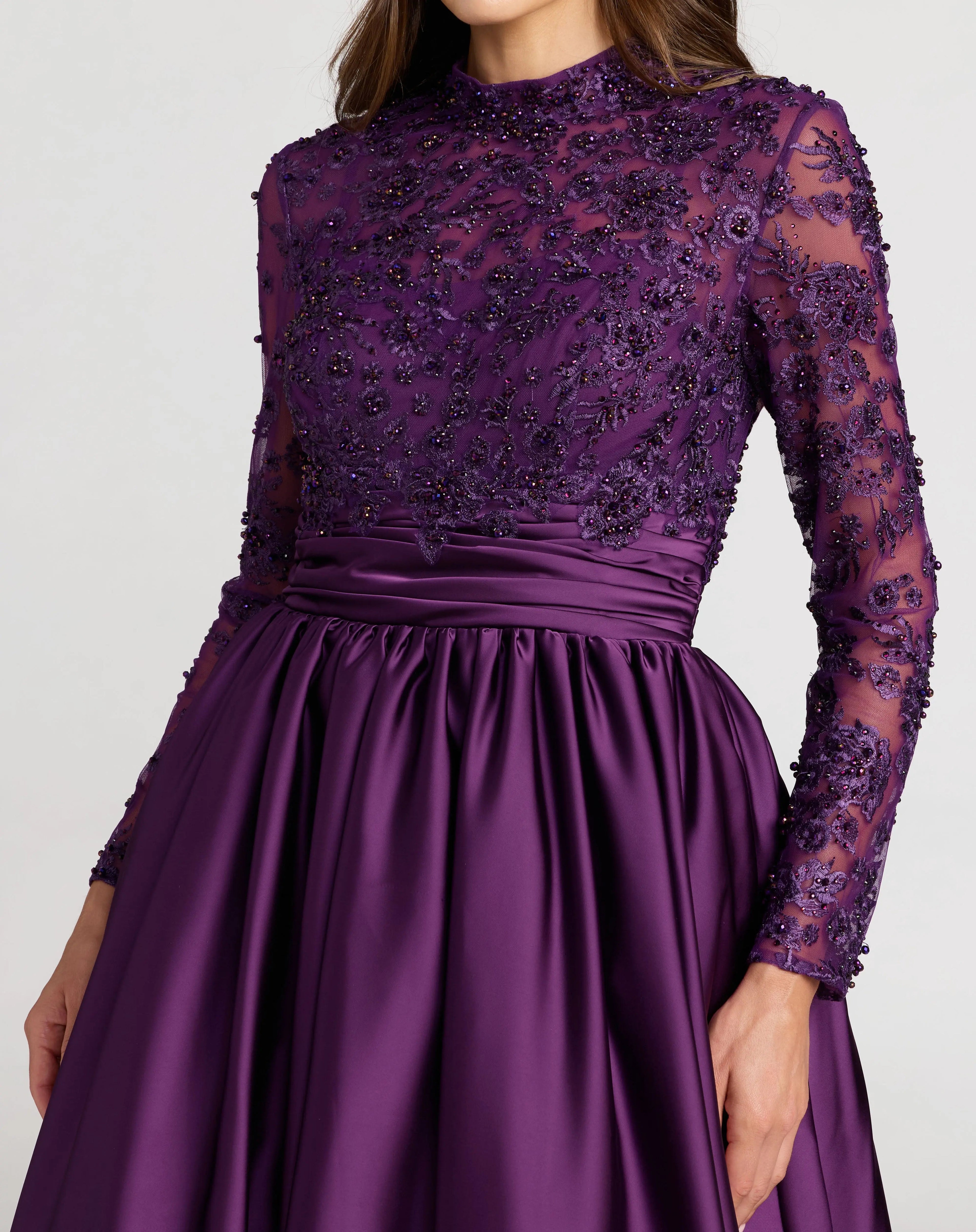 Purple Embroidered Long Sleeve Satin Ball Gown