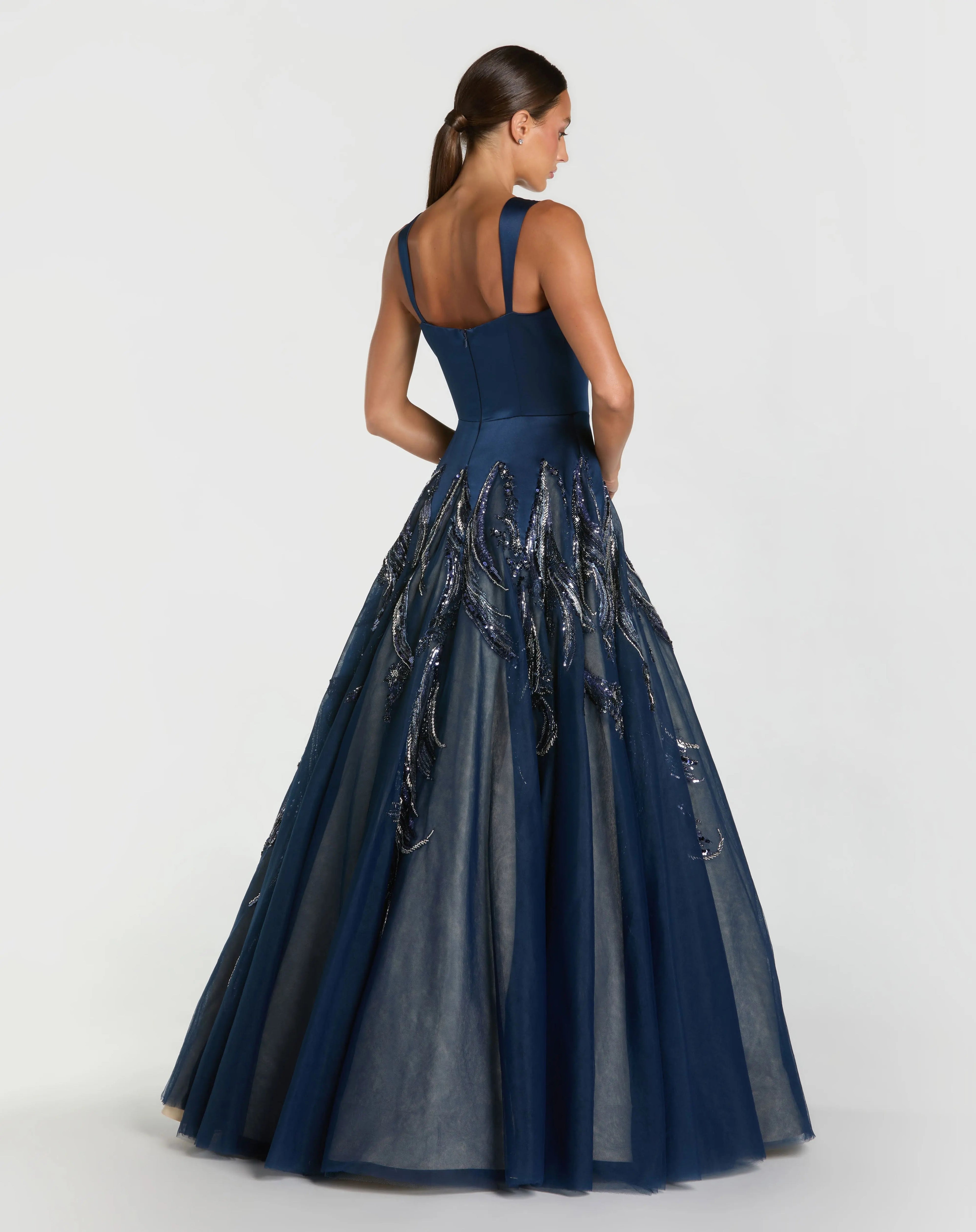 Navy Embellished Satin Ball Gown With Tulle Skirt