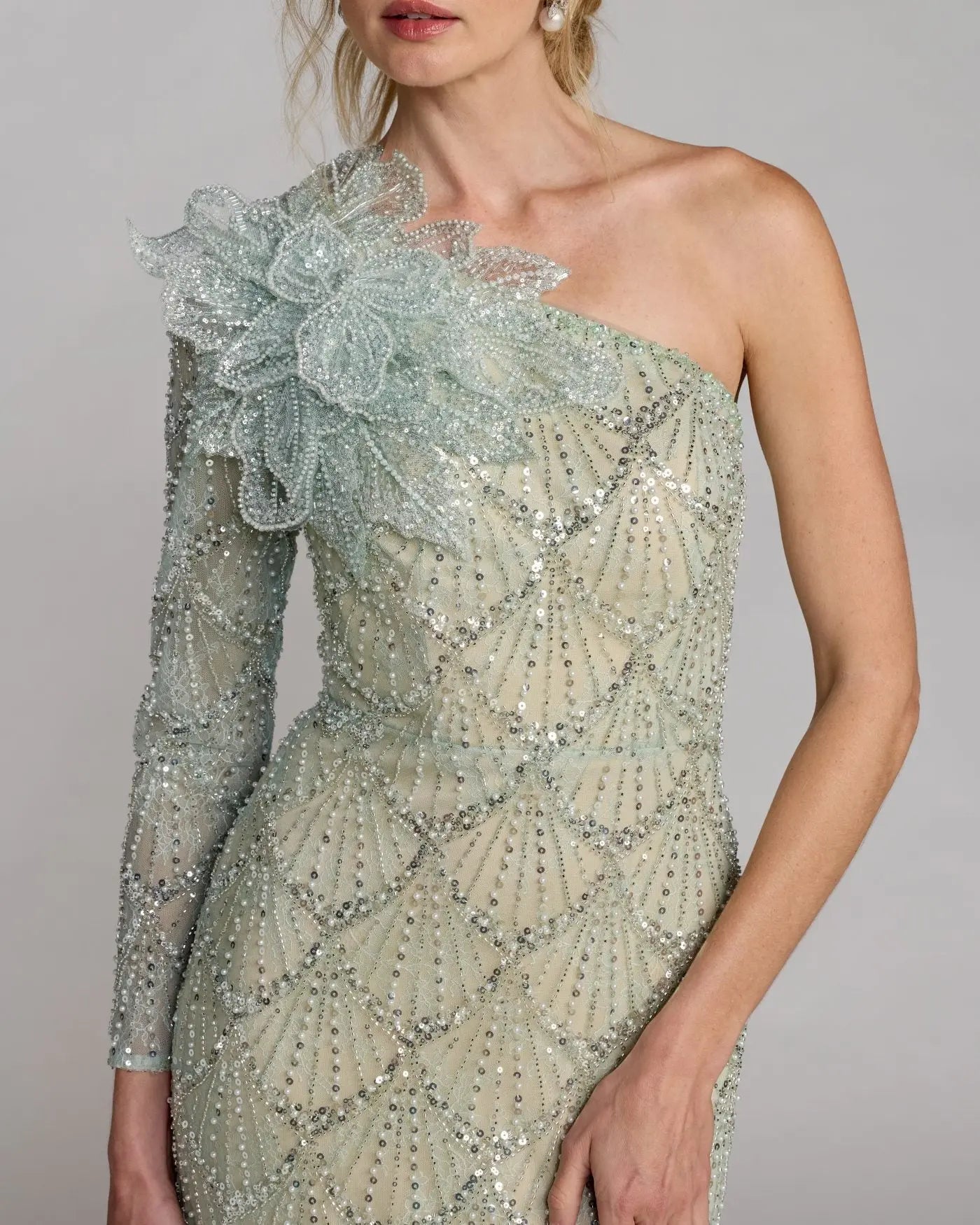 Green One Sleeve 3D Flower Embellished Column Gown