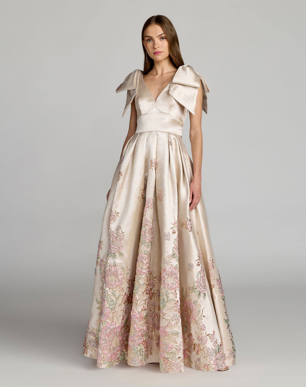 Ivory Brocade V Neck Ball Gown With Bow Straps