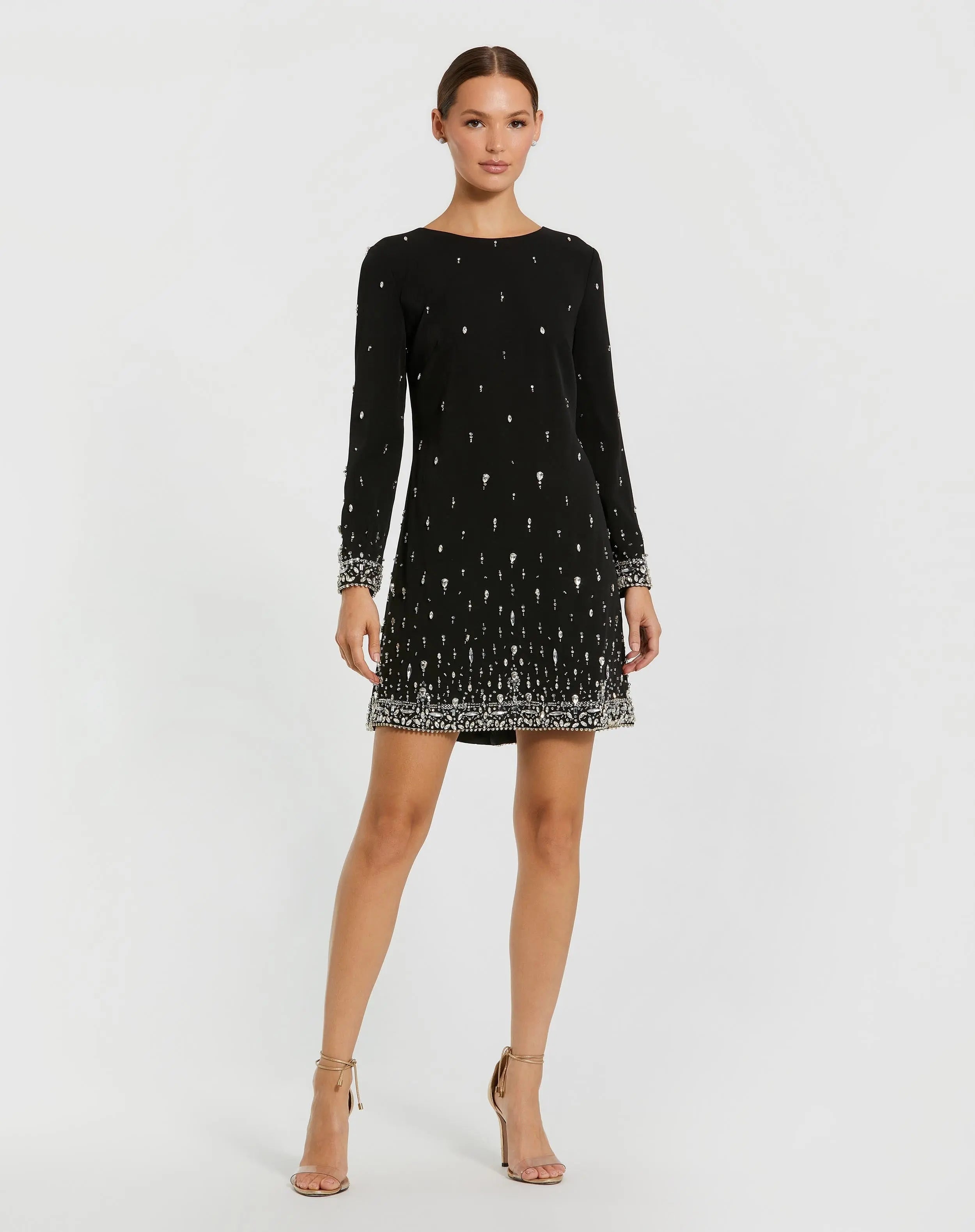 Black Embellished Crepe Long Sleeve Mini Dress