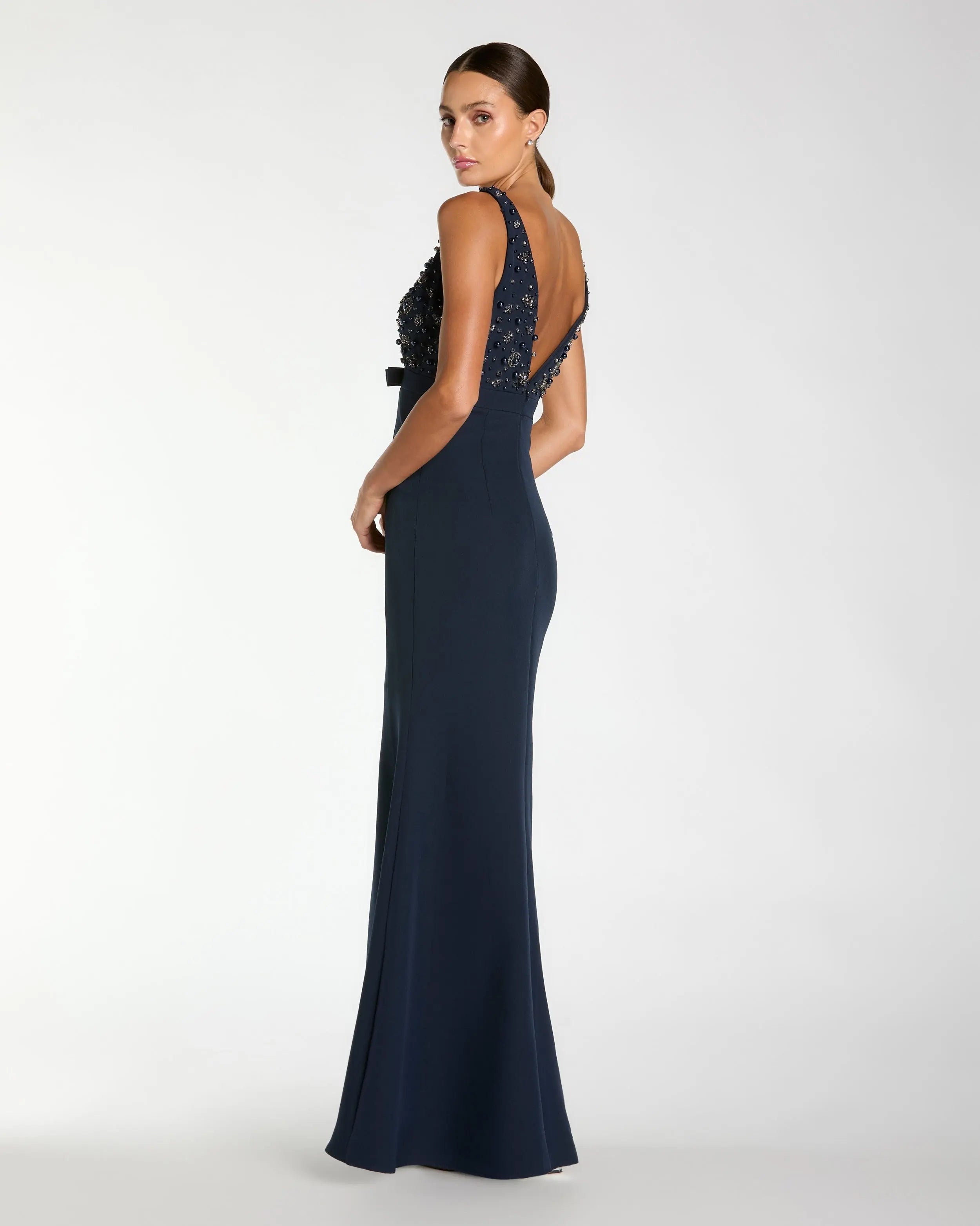 Navy Beaded V-Neck Trumpet Gown with Bow