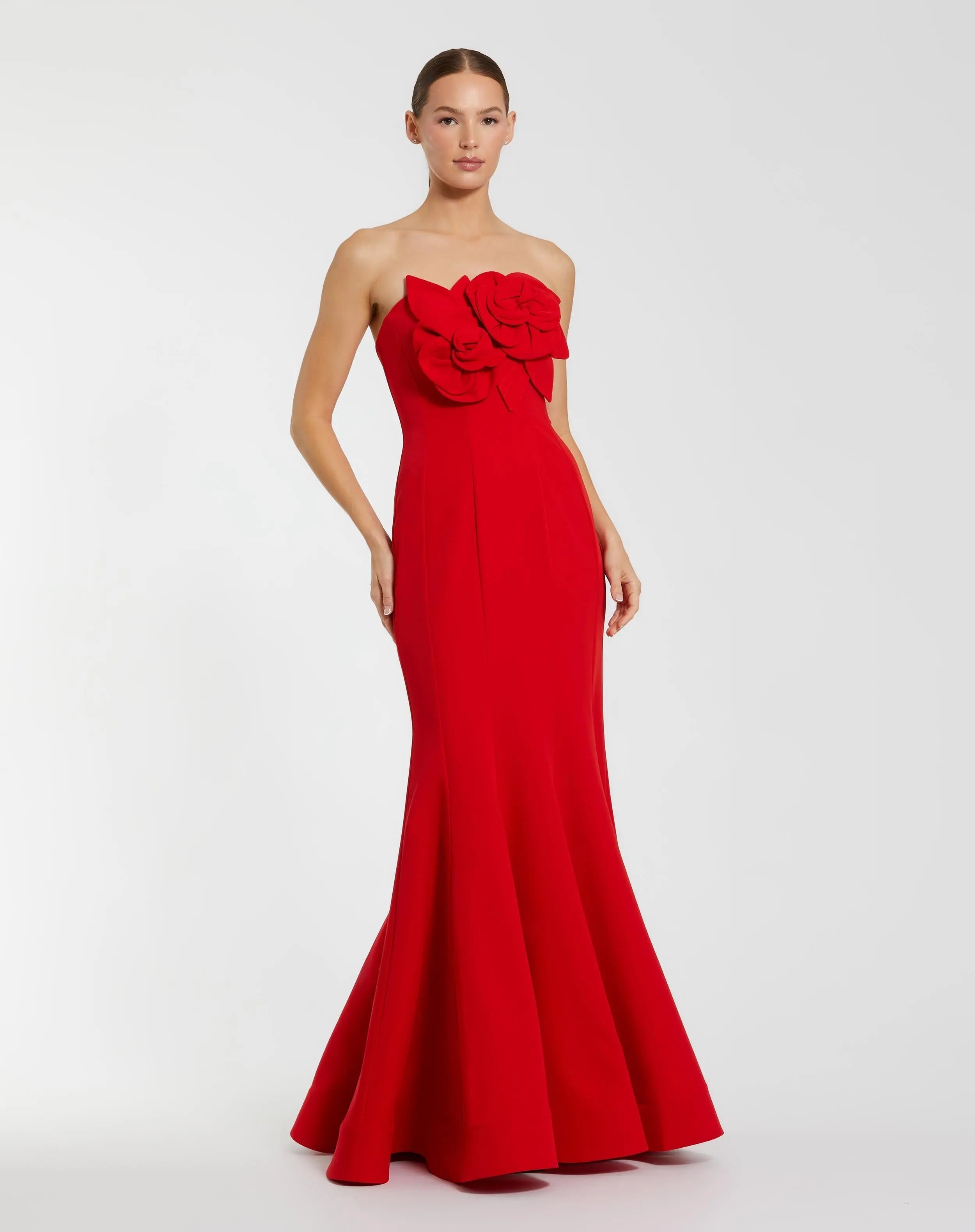 Red Strapless Mermaid Gown With 3D Flowers