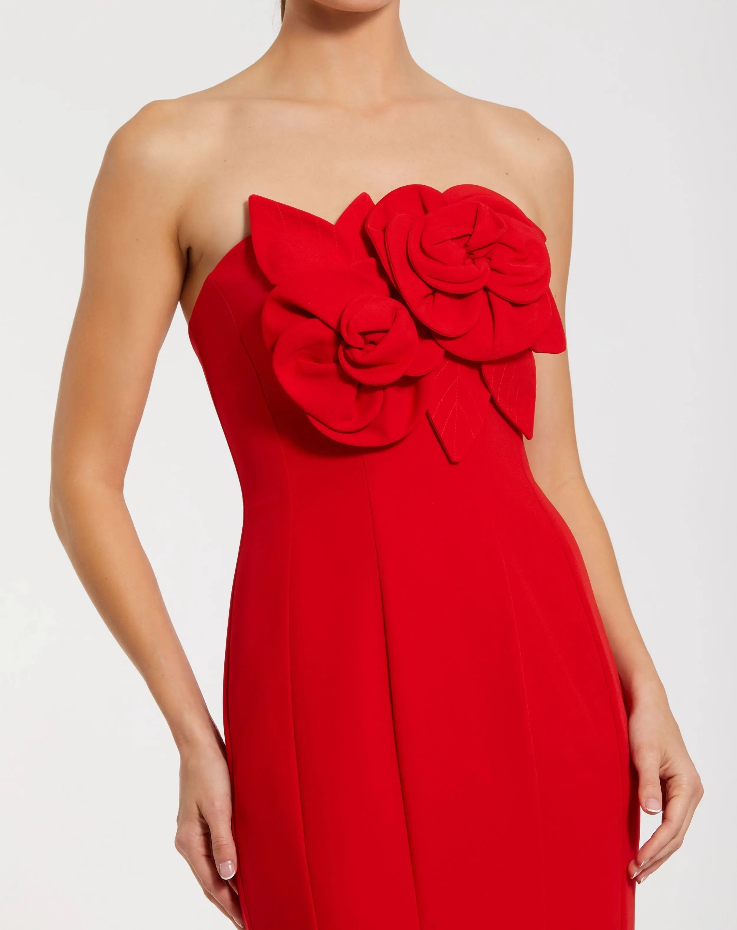 Red Strapless Mermaid Gown With 3D Flowers