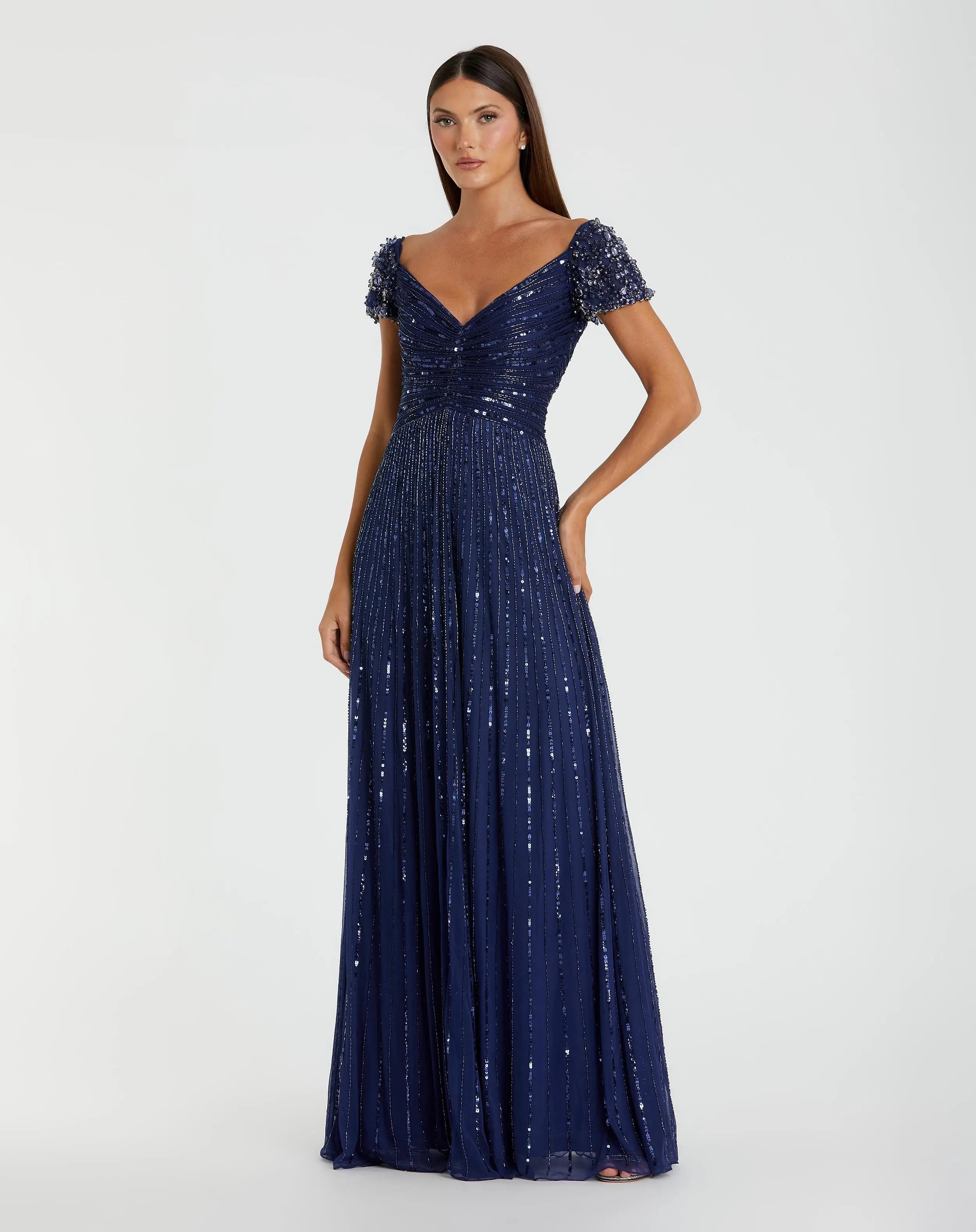 Navy Sequin A-Line Gown with Beaded Shoulders