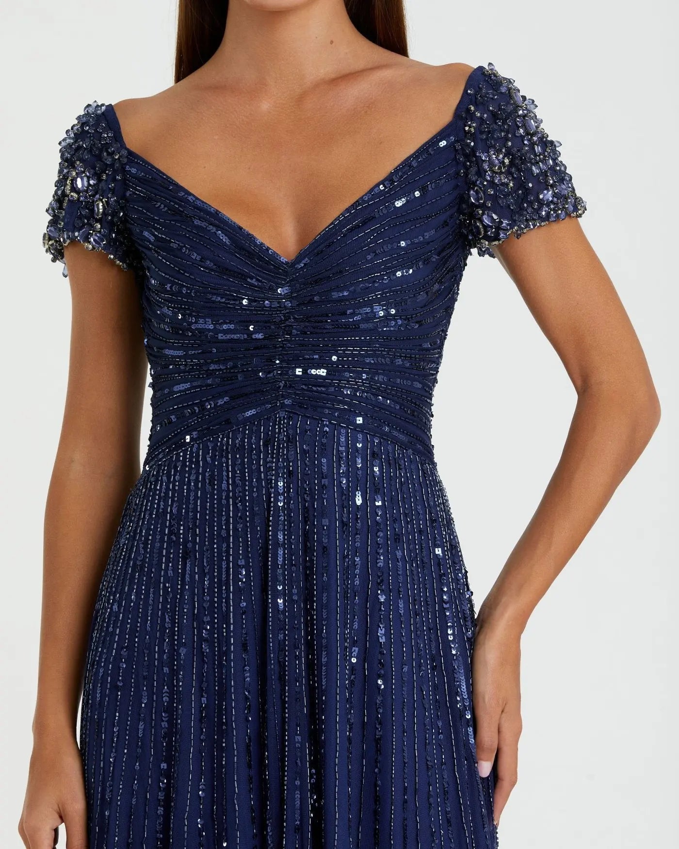 Navy Sequin A-Line Gown with Beaded Shoulders