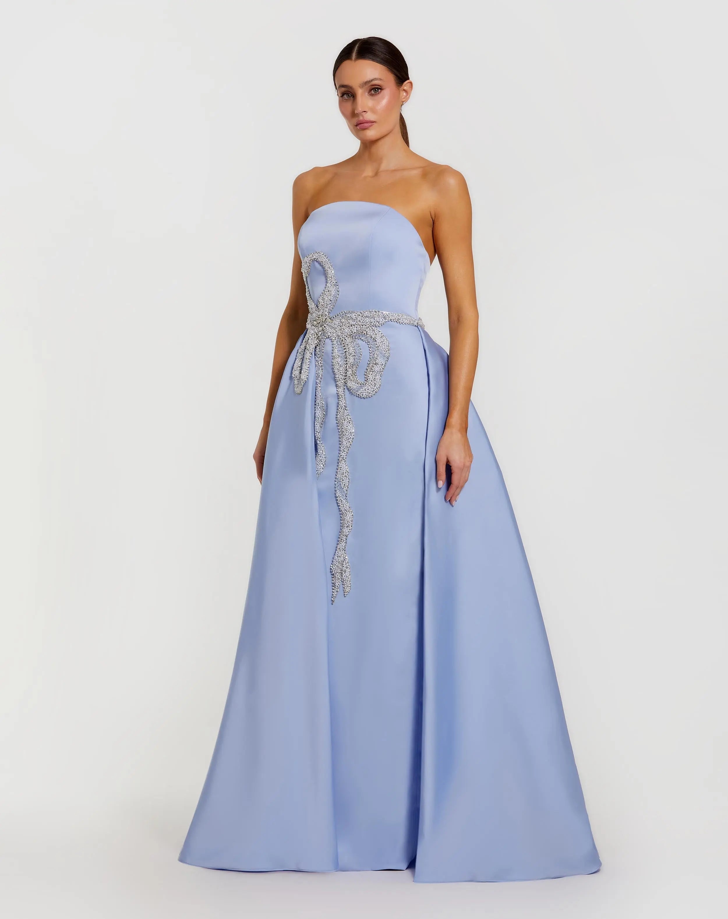 Blue Strapless Embellished Satin Gown with Overskirt