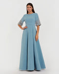 Blue Crepe Gown With Embellished 3/4 Sleeves