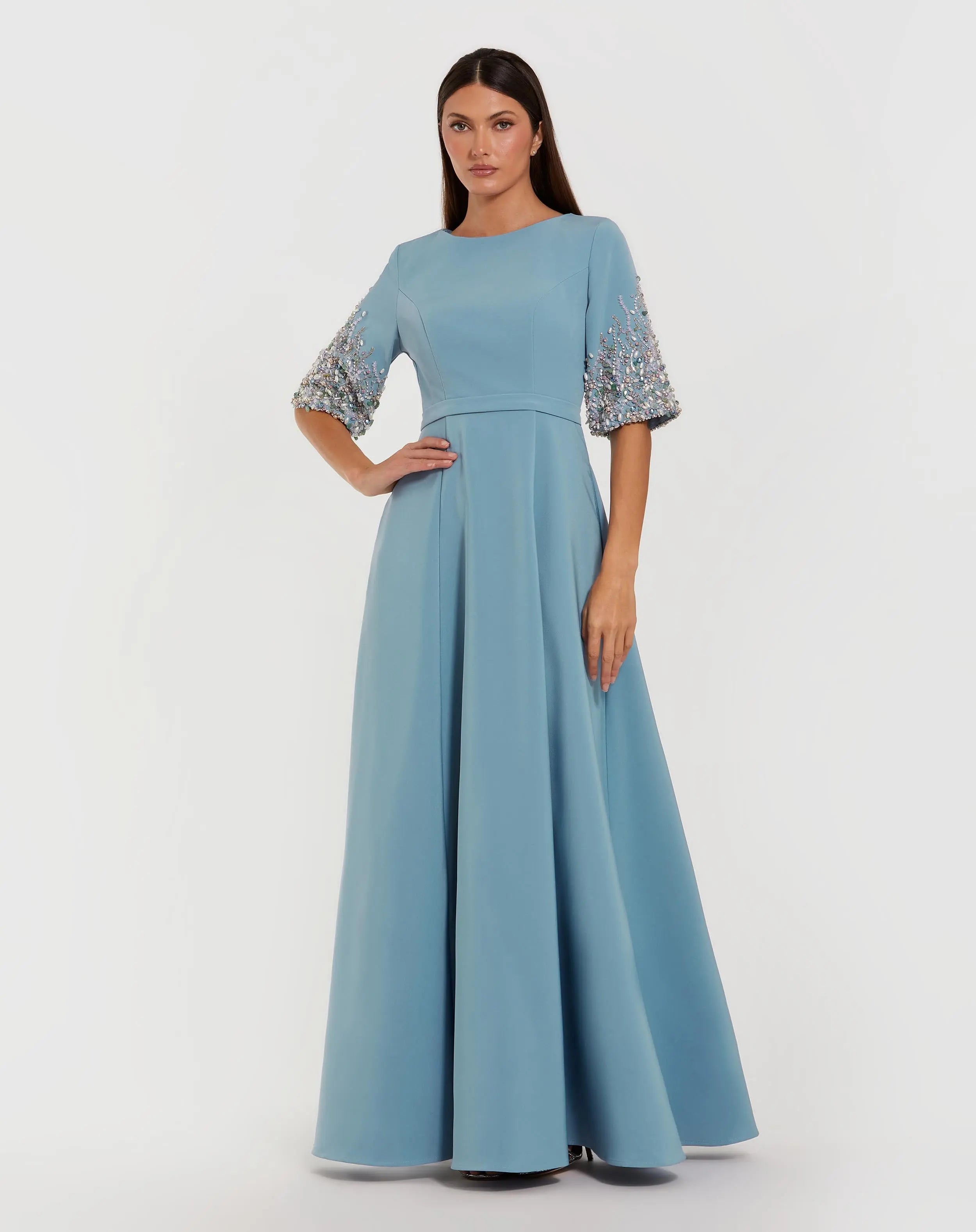 Blue Crepe Gown With Embellished 3/4 Sleeves