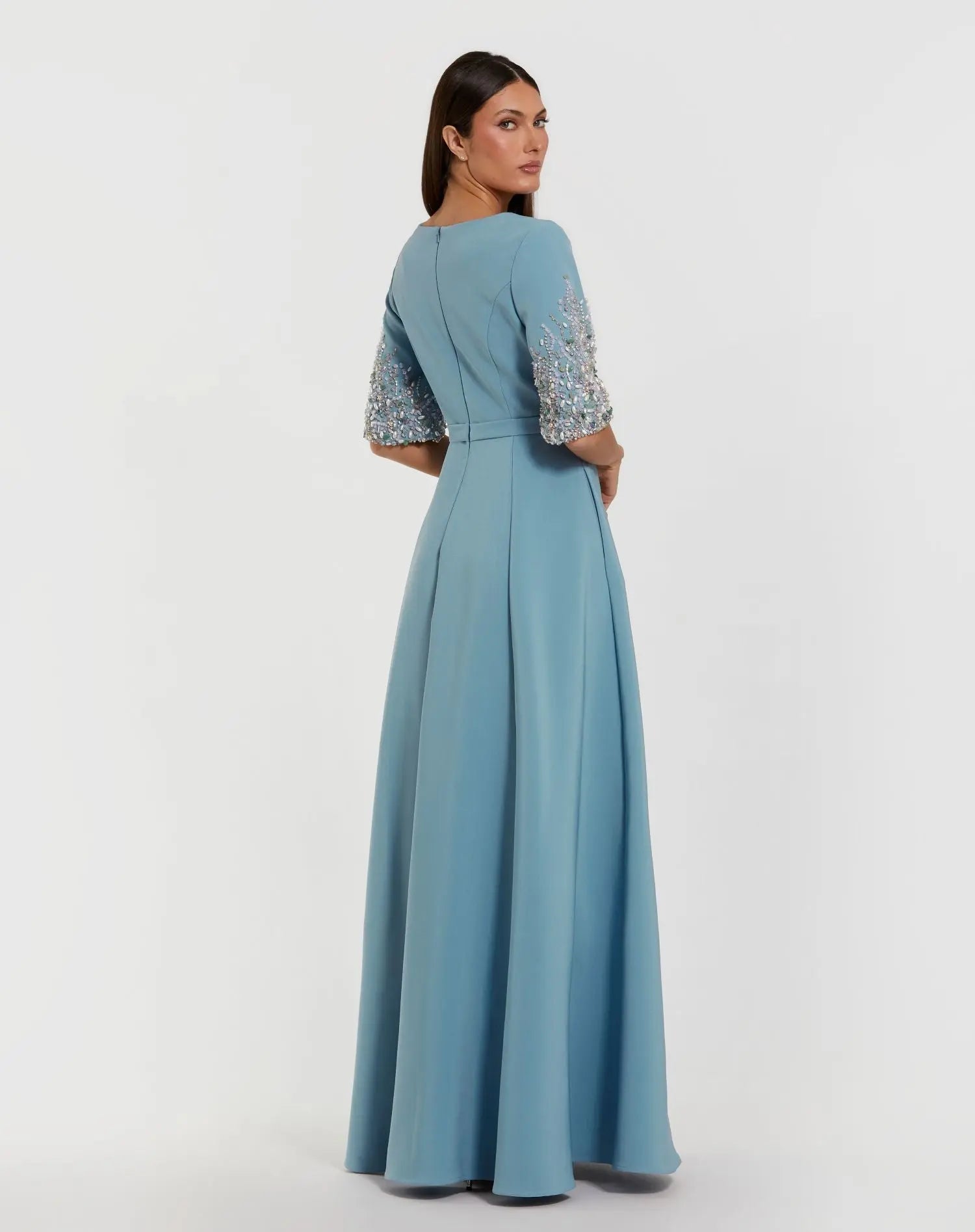 Blue Crepe Gown With Embellished 3/4 Sleeves