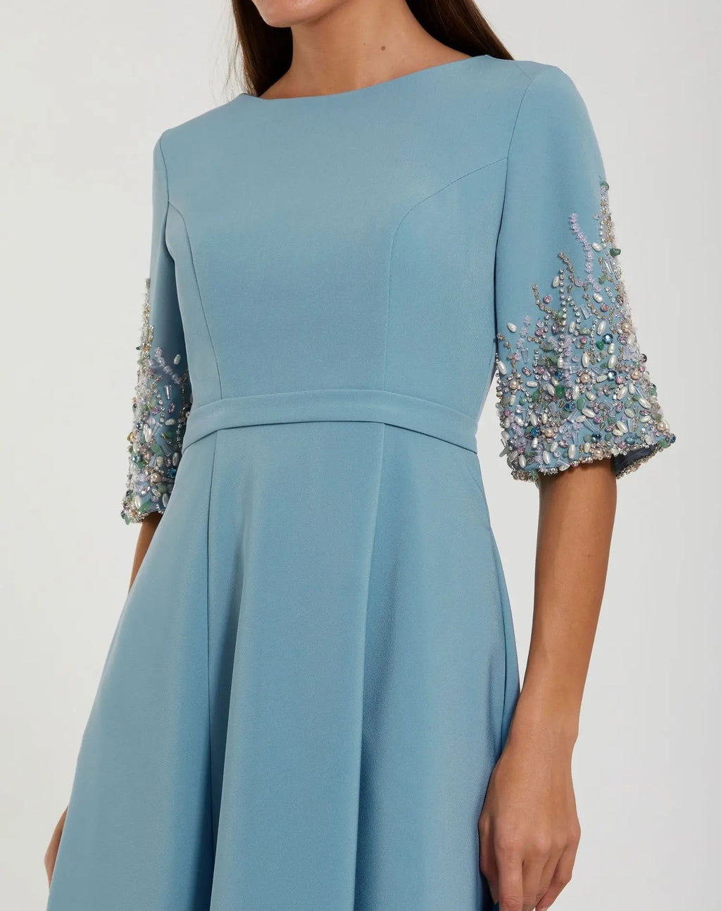 Blue Crepe Gown With Embellished 3/4 Sleeves