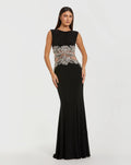Black Sleeveless Jersey Gown With Beaded Waist Detail