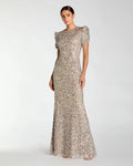 Beige Sequin Trumpet Gown with Puff Sleeves
