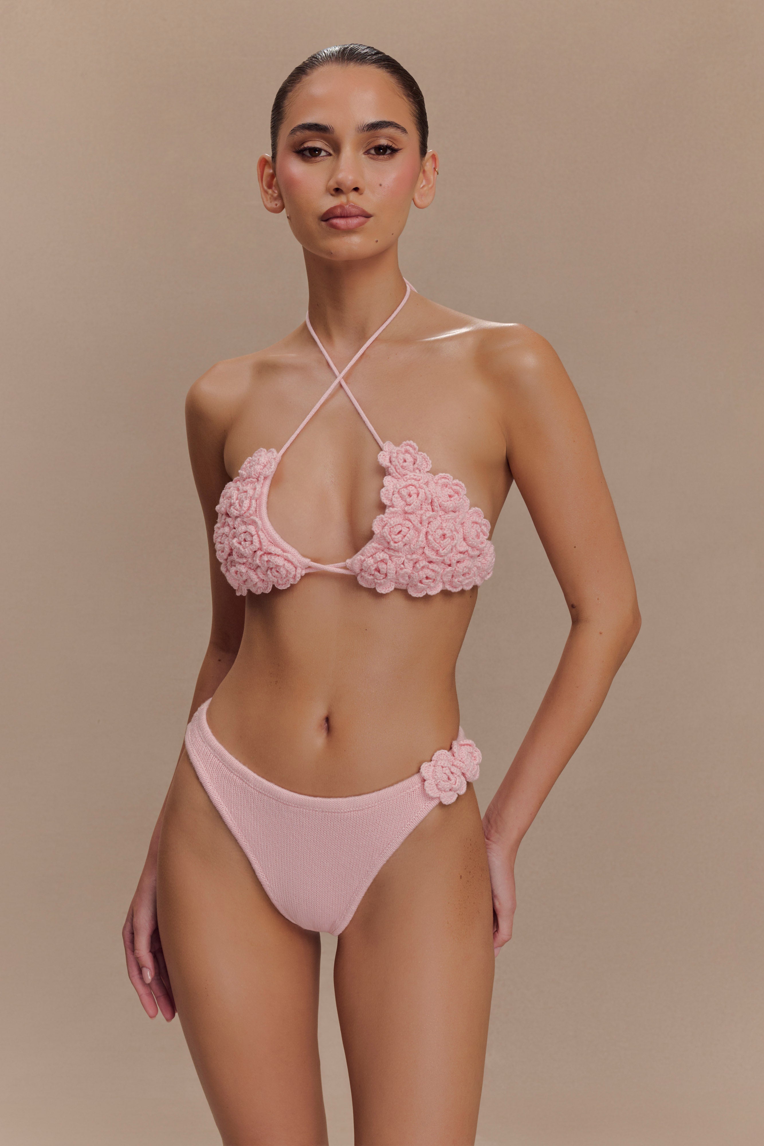 Aesha Floral Crochet Bikini Bottom - Pale Pink