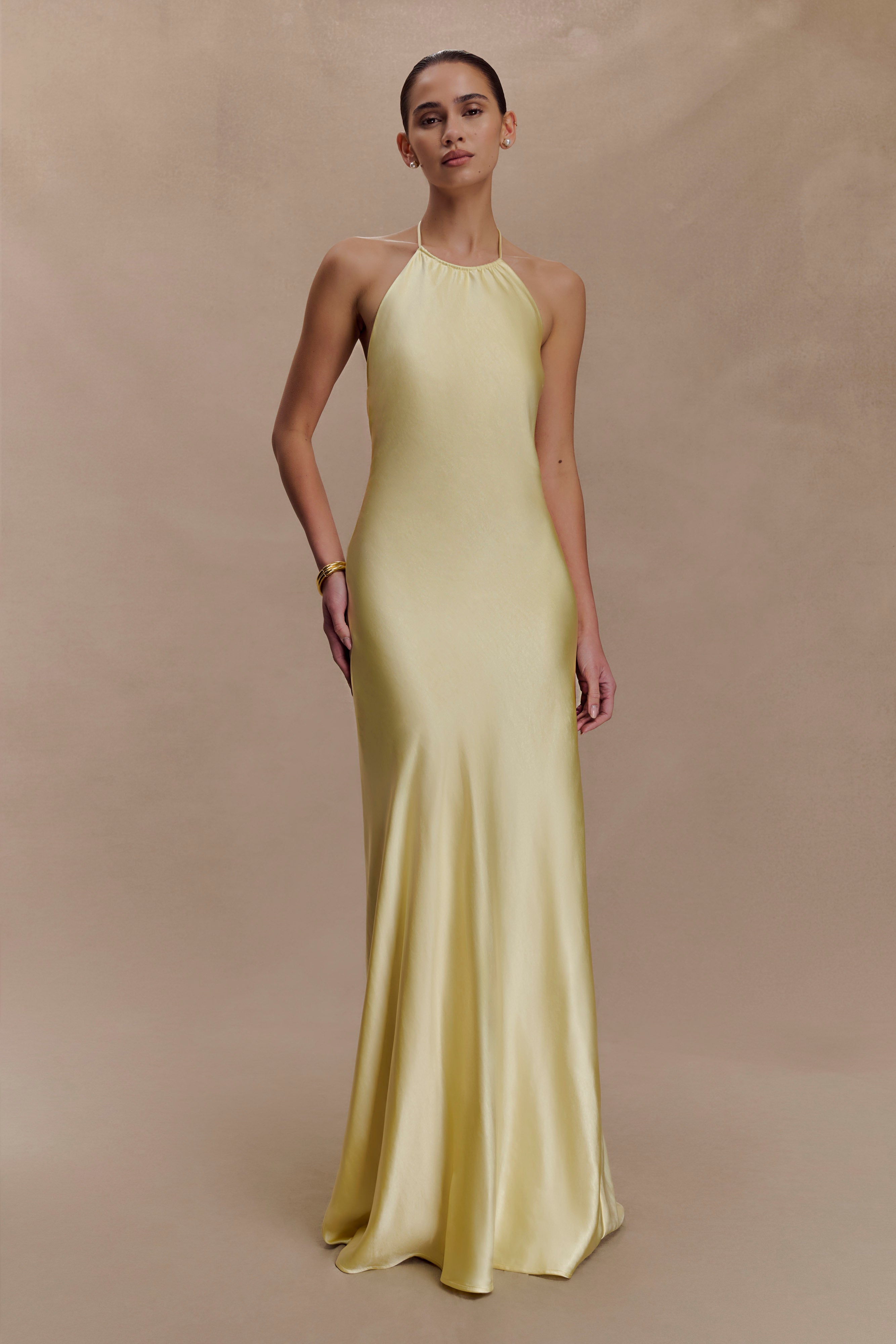 Bella Satin Halter Maxi Dress - Lemon