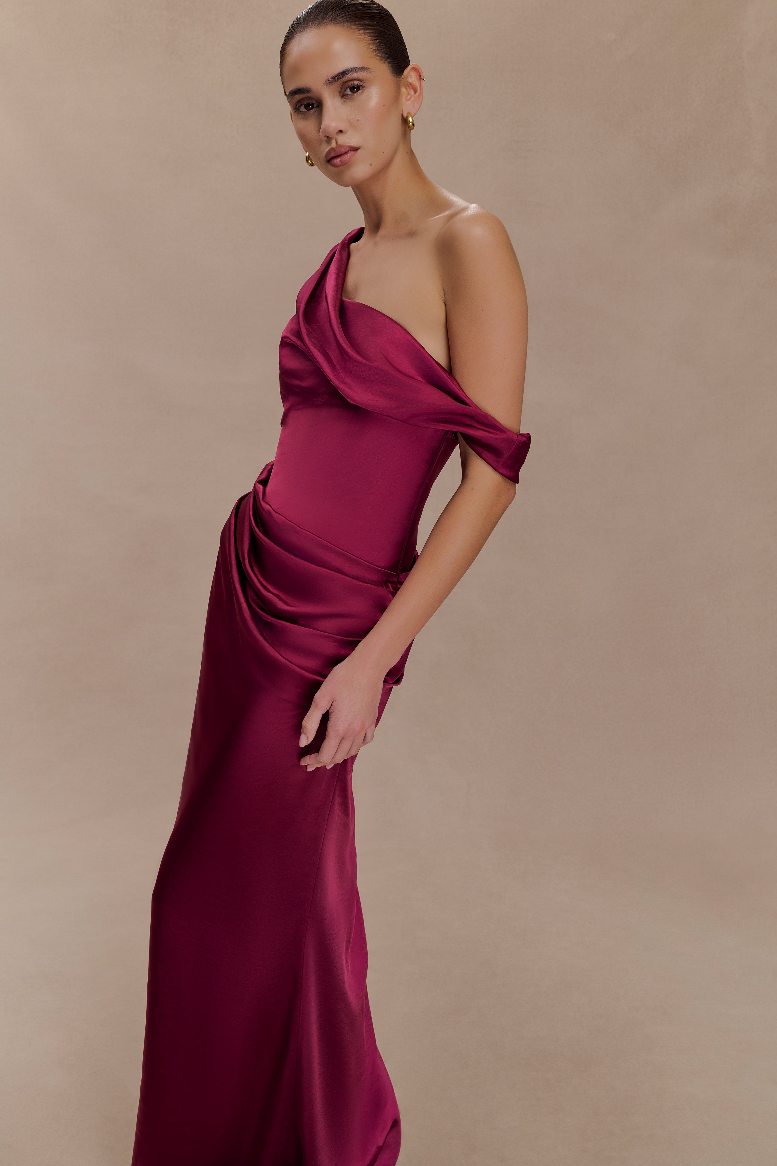 Dalia Off Shoulder Satin Maxi Dress - Mahogany