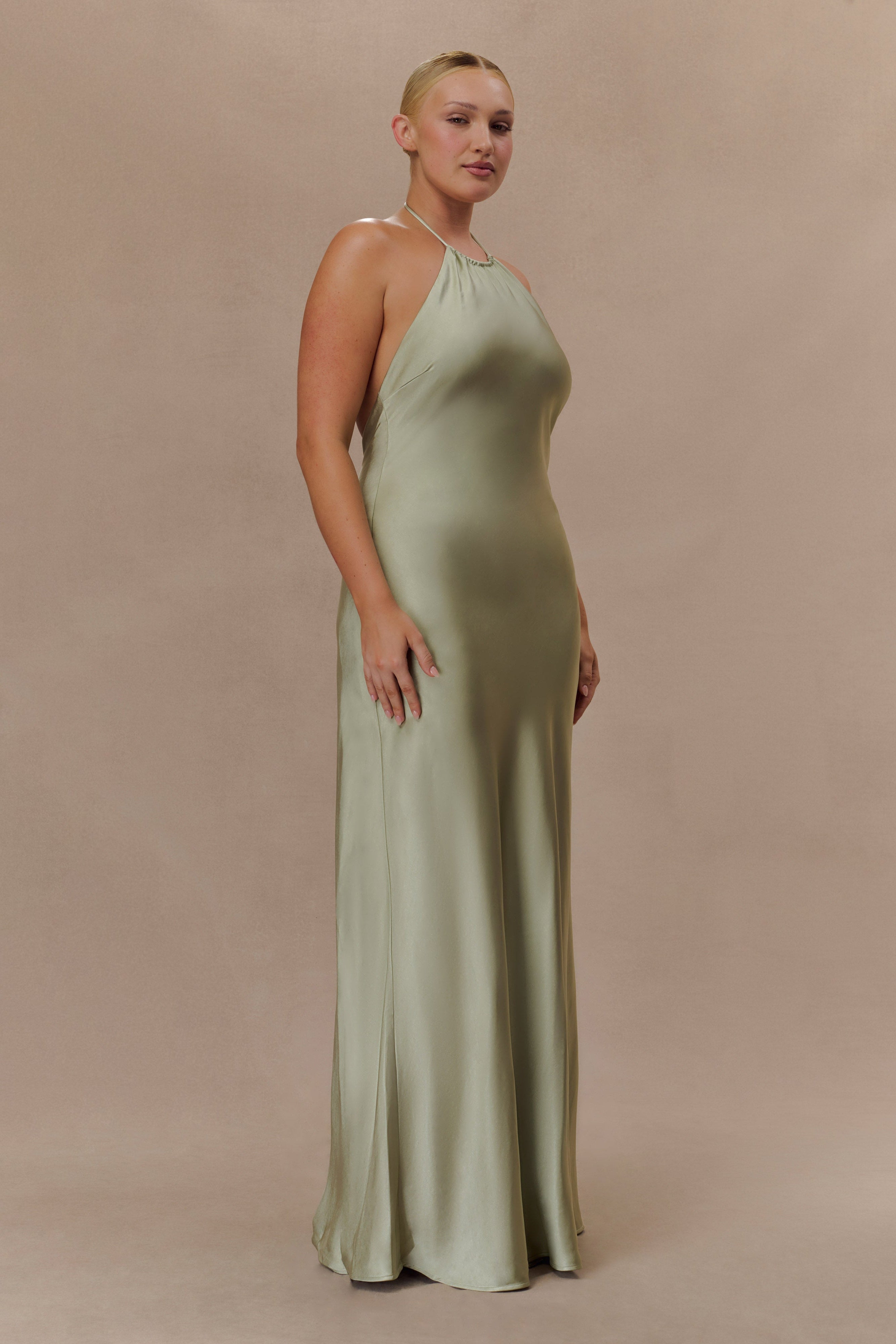 Bella Satin Halter Maxi Dress - Sage