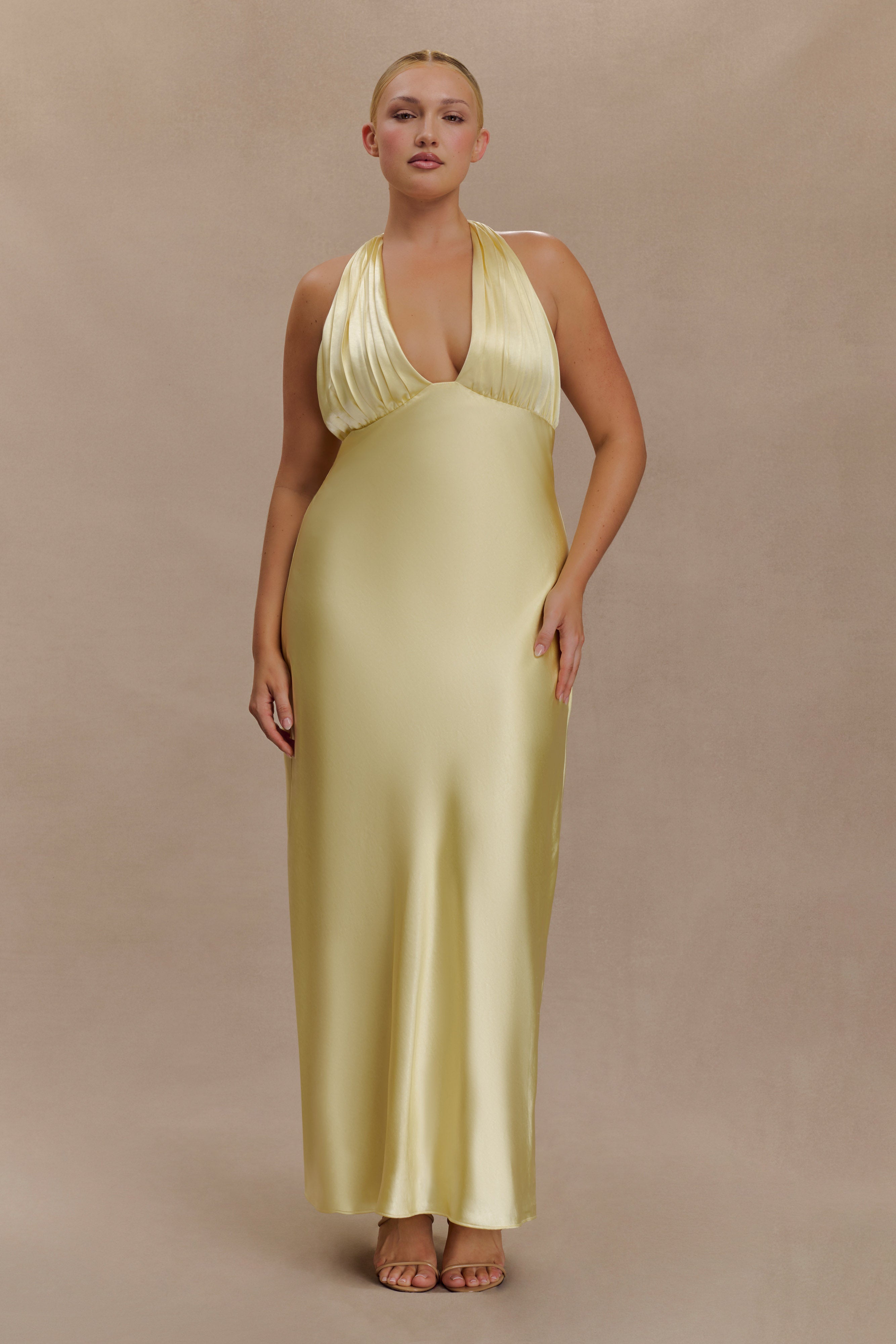 Alice Satin Halter Maxi Dress - Lemon