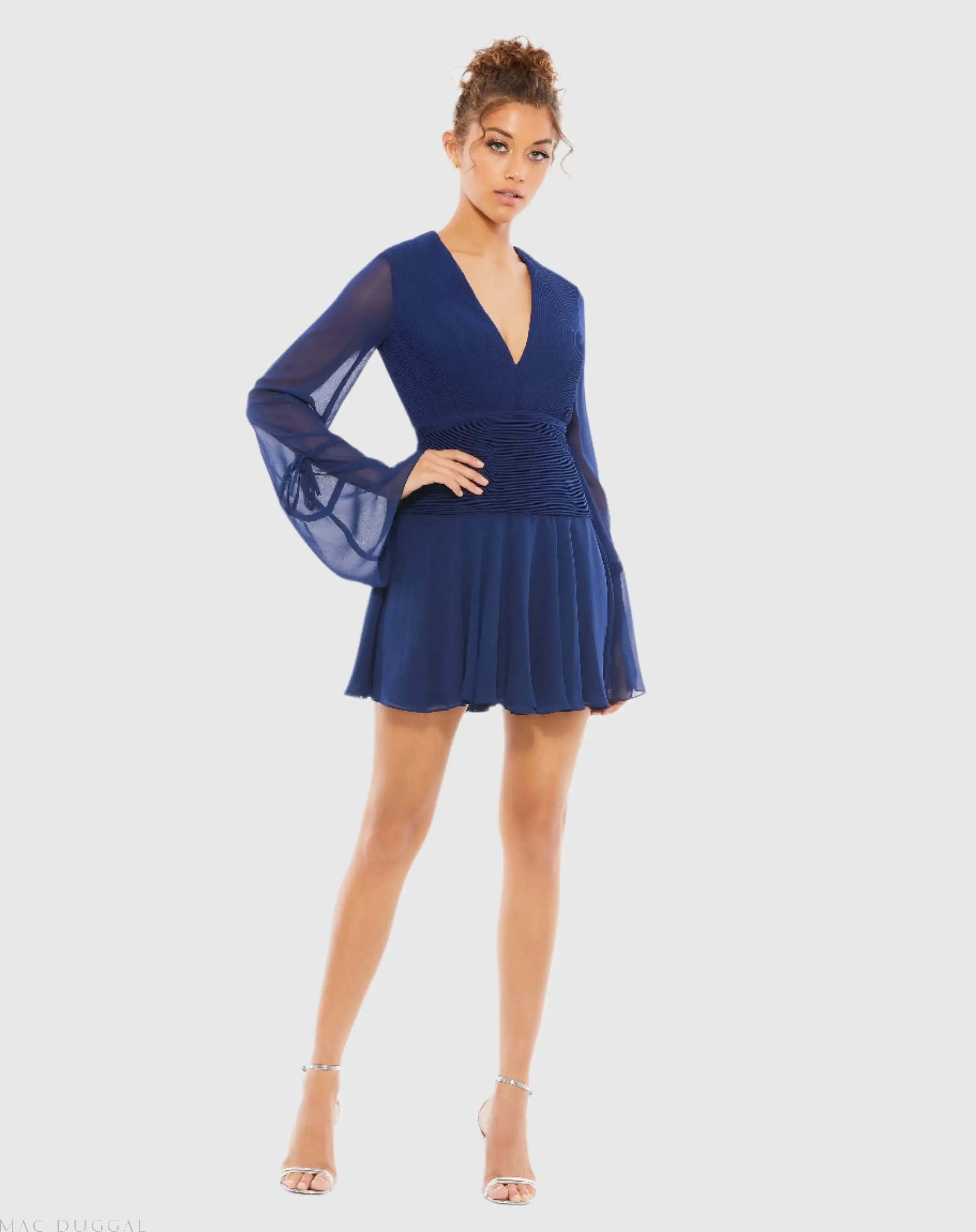 Navy Pleated Bell Sleeve Chiffon Mini Dress