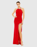 Red Rhinestone Accented Halter Gown