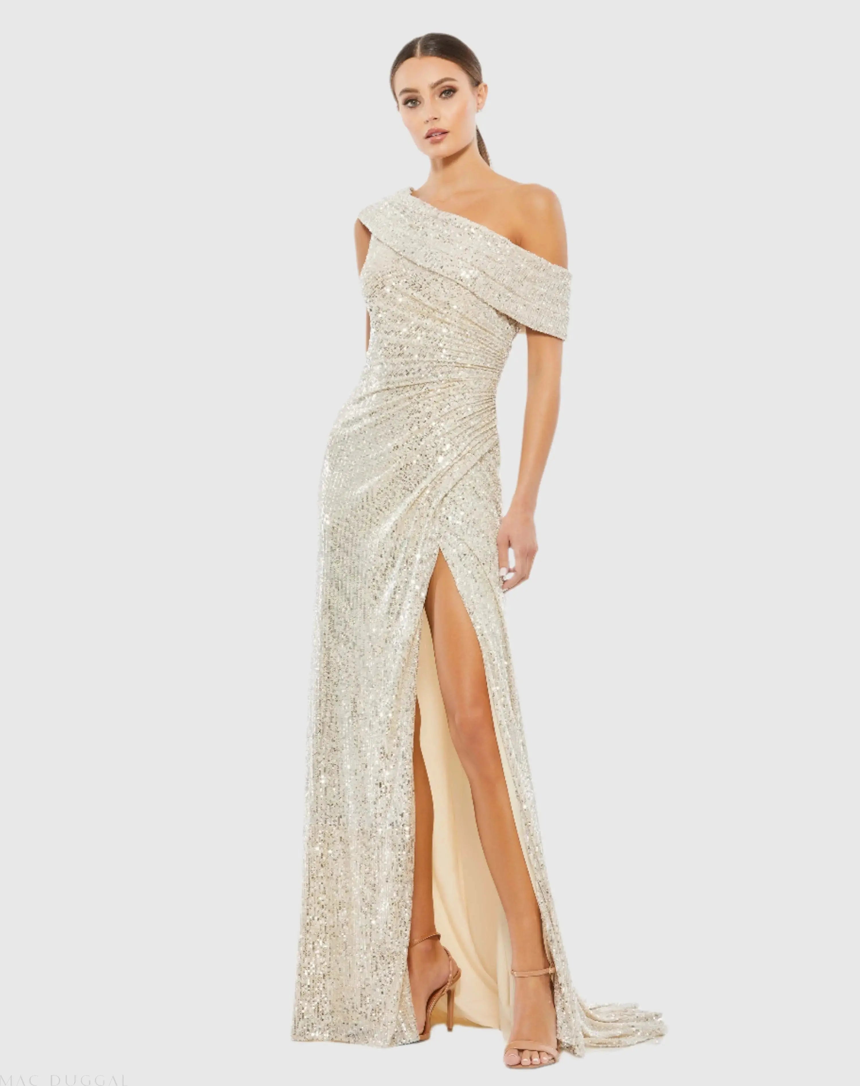 Beige Sequined Drop Shoulder Gown