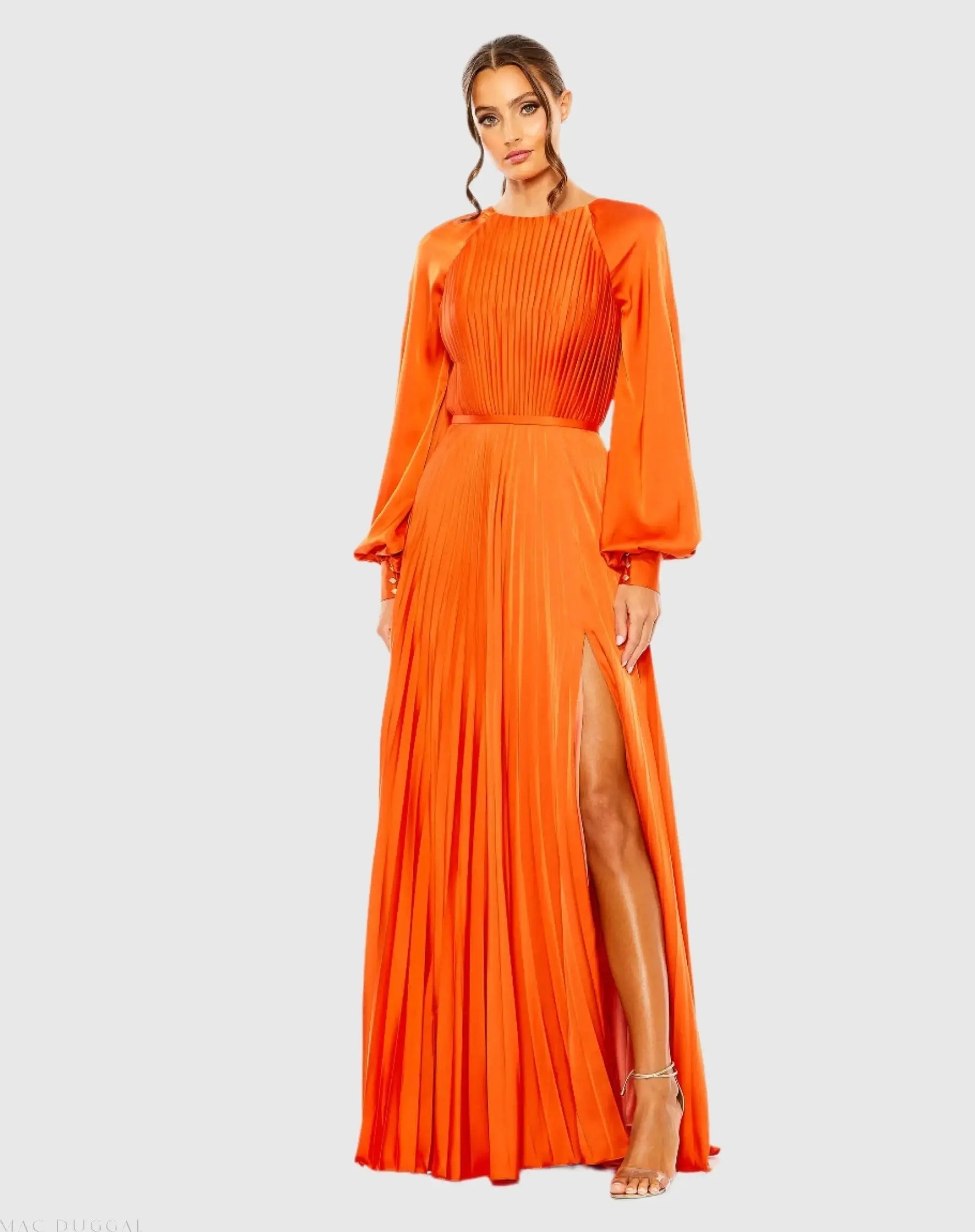 Orange Pleated High Neck Long Sleeve Gown with Slit