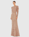 Pink Sequined High Neck Puff Long Sleeve Column Gown