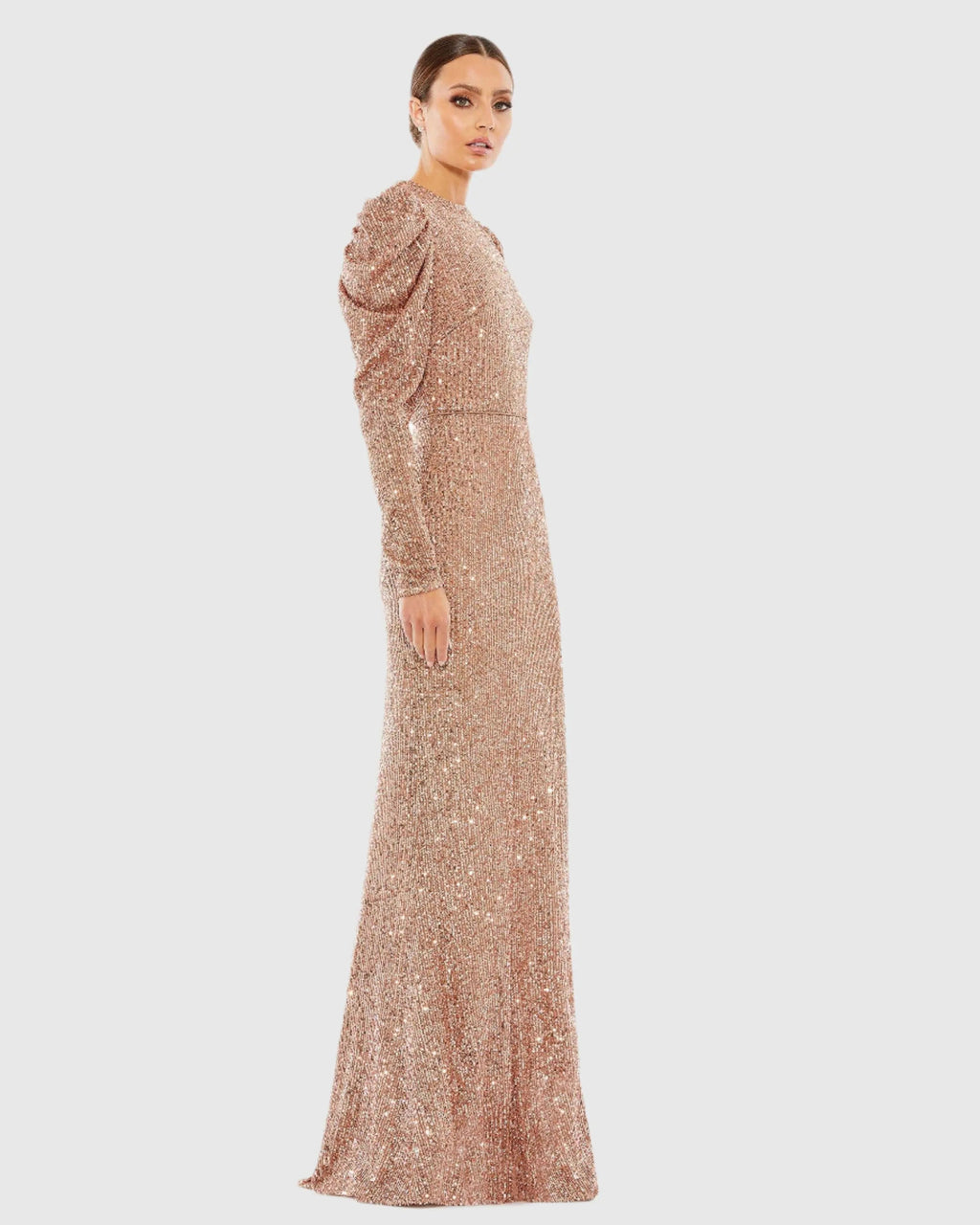 Pink Sequined High Neck Puff Long Sleeve Column Gown