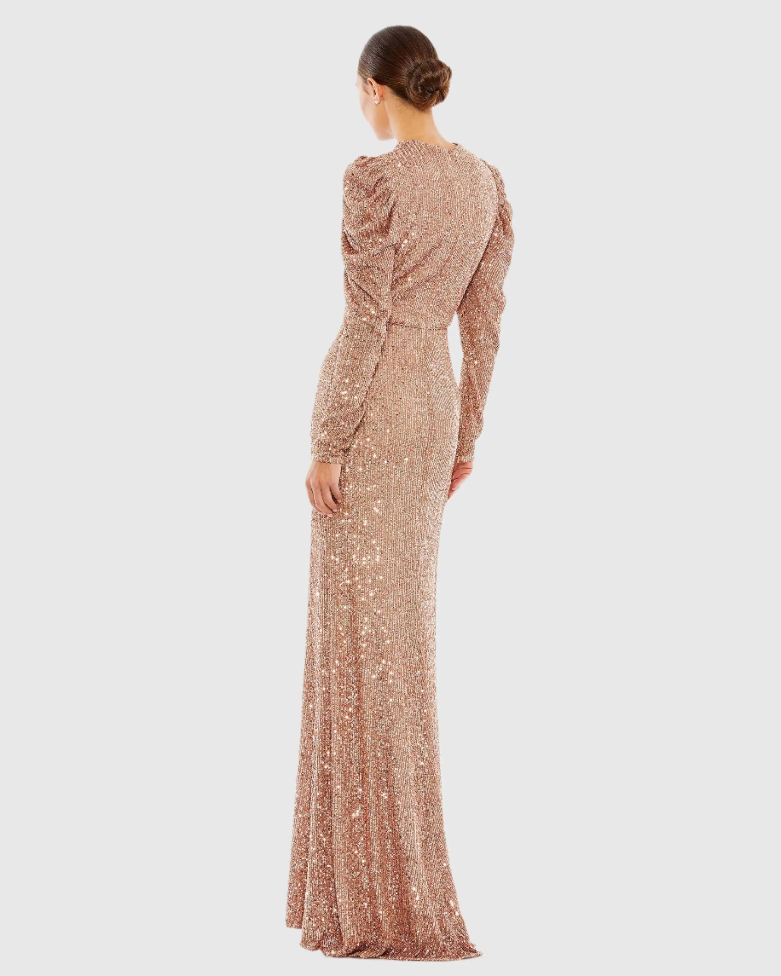 Pink Sequined High Neck Puff Long Sleeve Column Gown