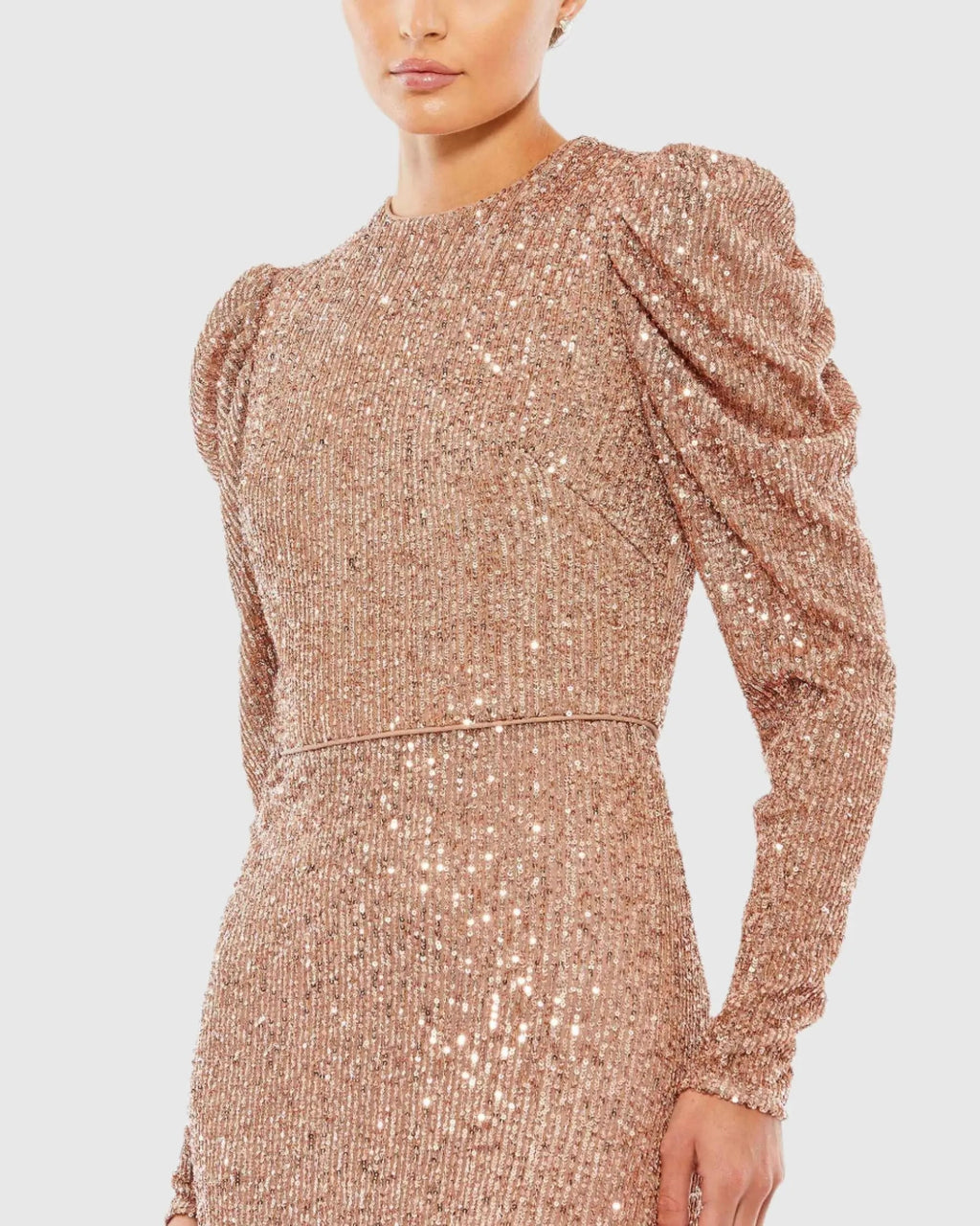 Pink Sequined High Neck Puff Long Sleeve Column Gown