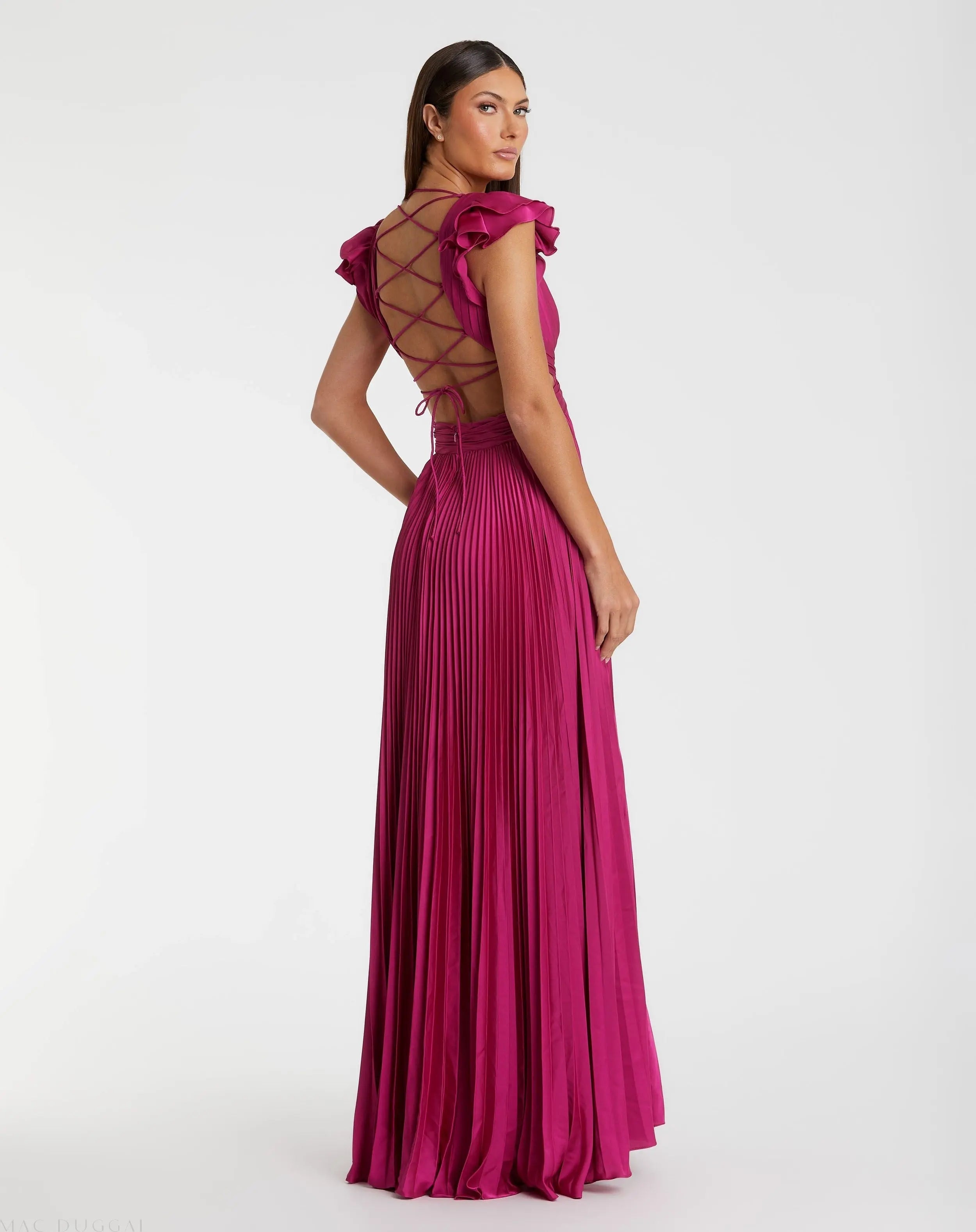 Fuchsia Pleated Ruffled Cap Sleeve Cut Out Lace Up Gown - FINAL SALE