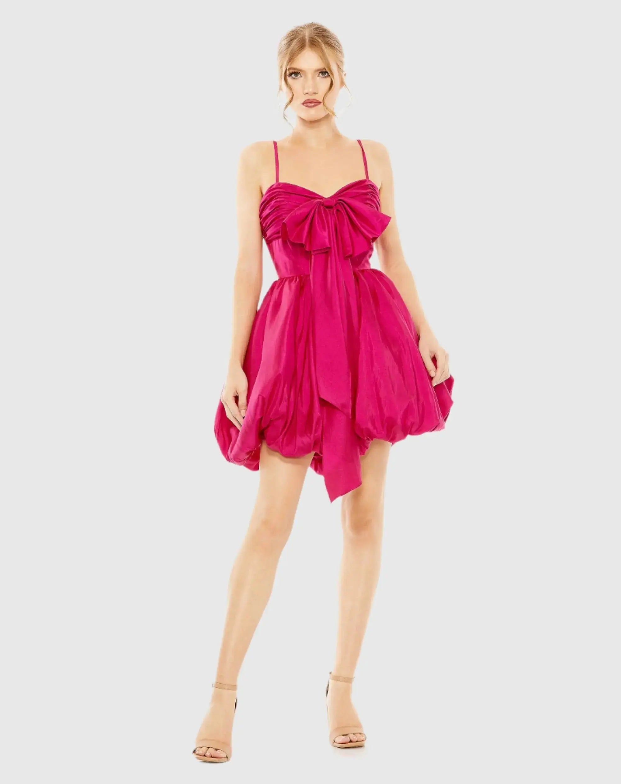 Pink Spaghetti Strap Center Bow Balloon Mini Dress