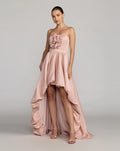 Pink Strapless Satin High Low Gown with Rosettes