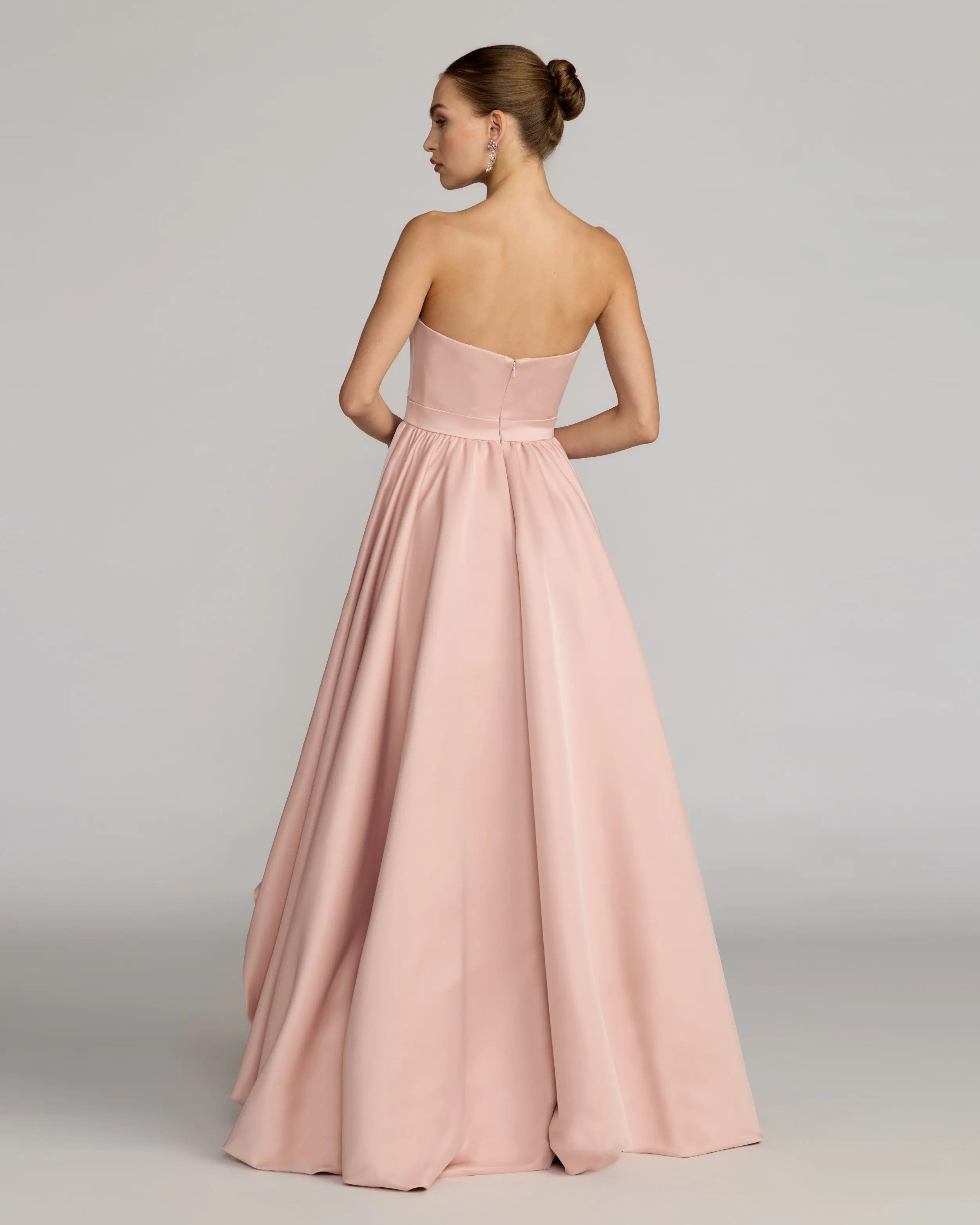 Pink Strapless Satin High Low Gown with Rosettes