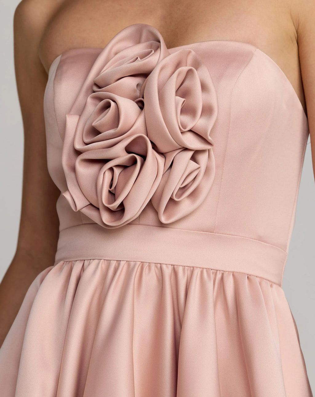Pink Strapless Satin High Low Gown with Rosettes