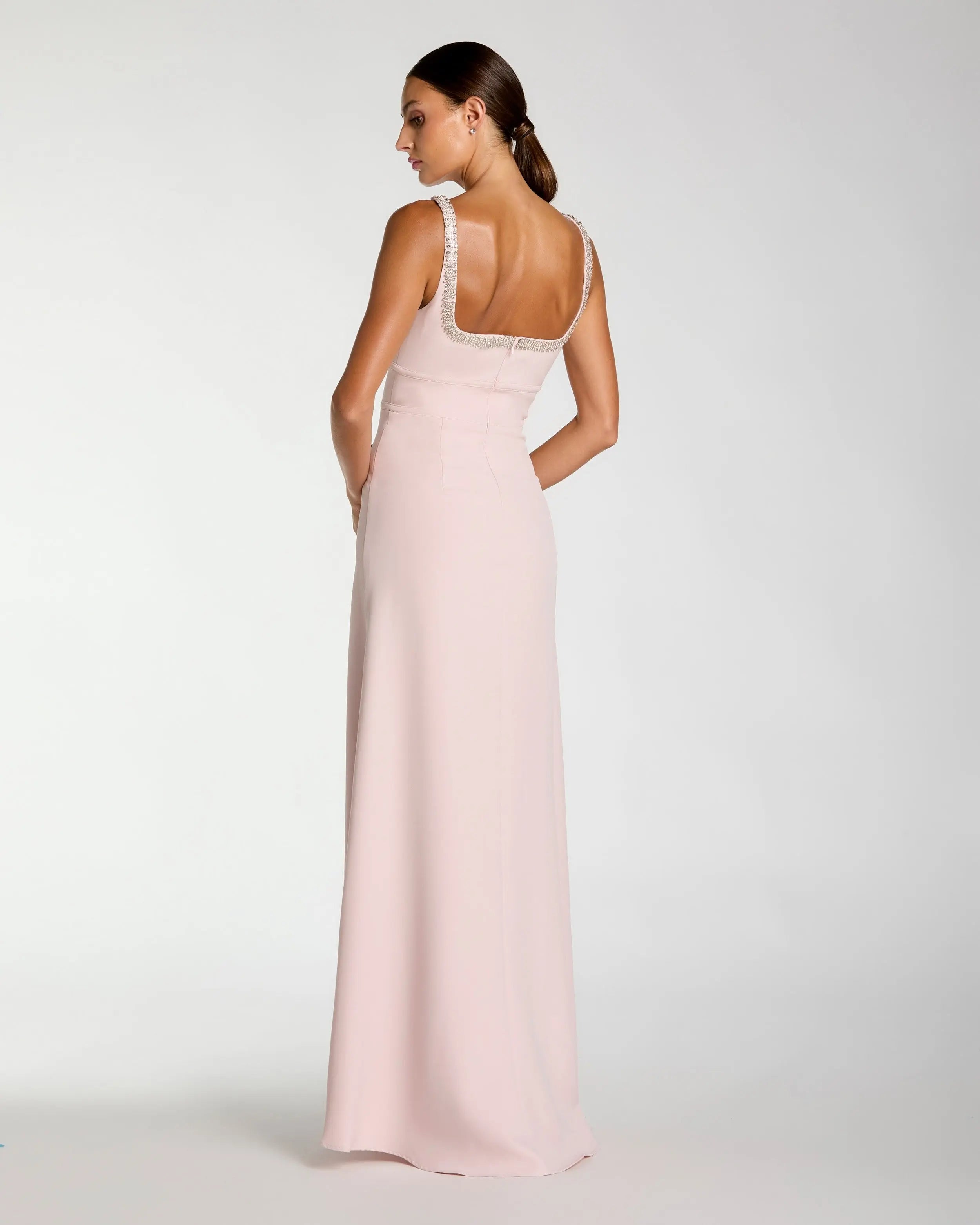 Light Pink Crepe A-Line Gown with Rhinestone Trim