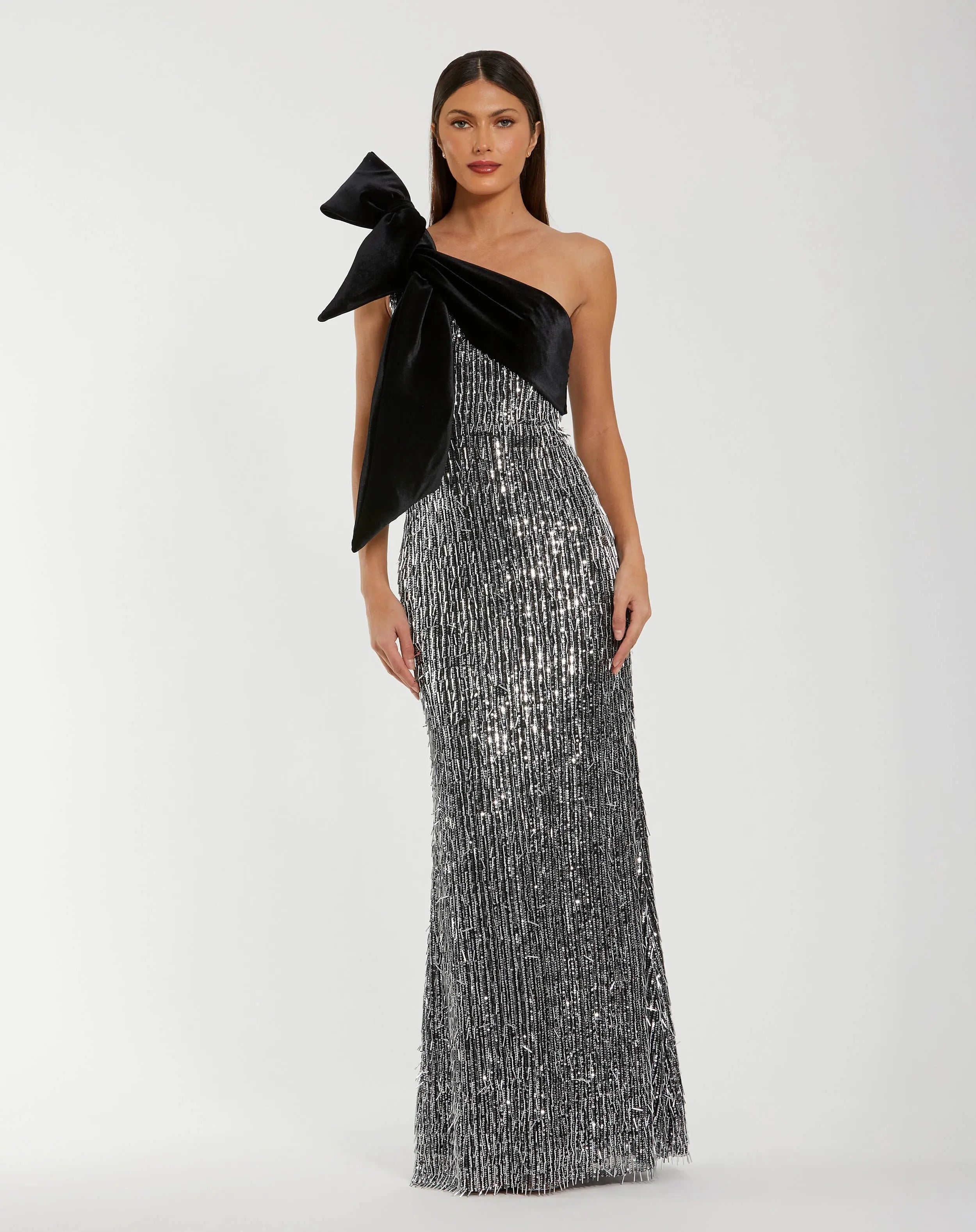 Black and Silver One Shoulder Embellished Gown With Velvet Bow