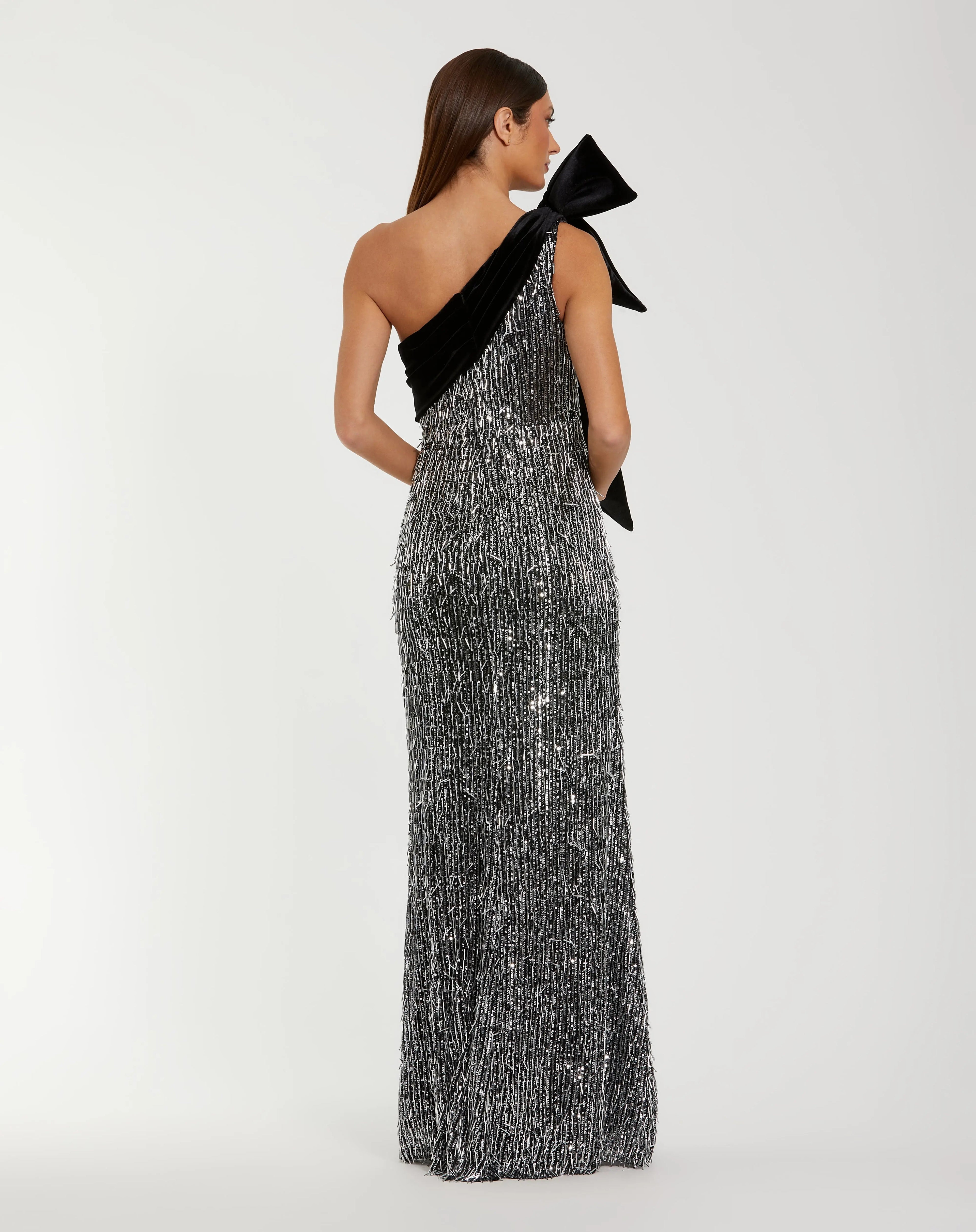 Black and Silver One Shoulder Embellished Gown With Velvet Bow
