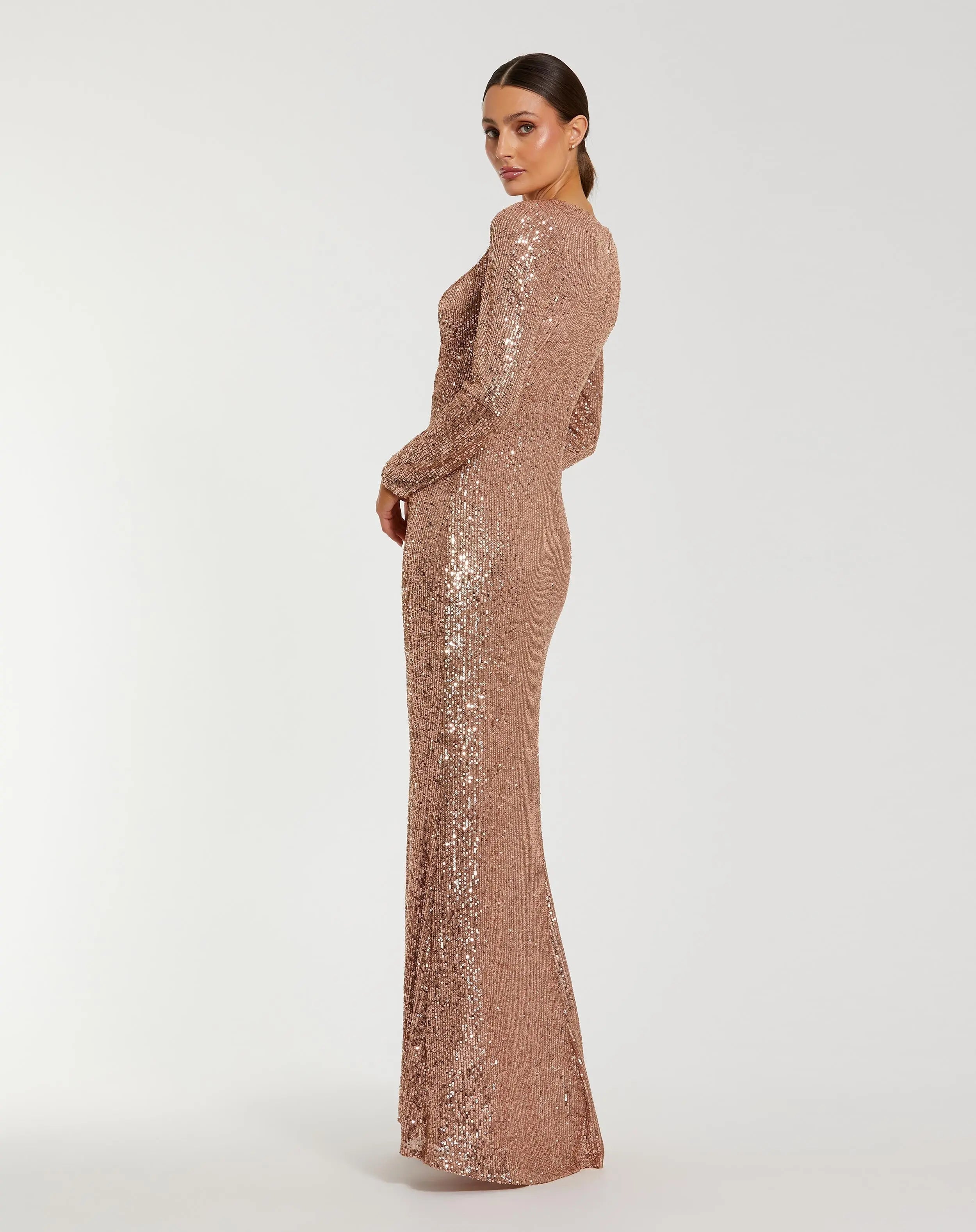 Light Pink Long Sleeve V Neck Sequin Gown With 3D Flower