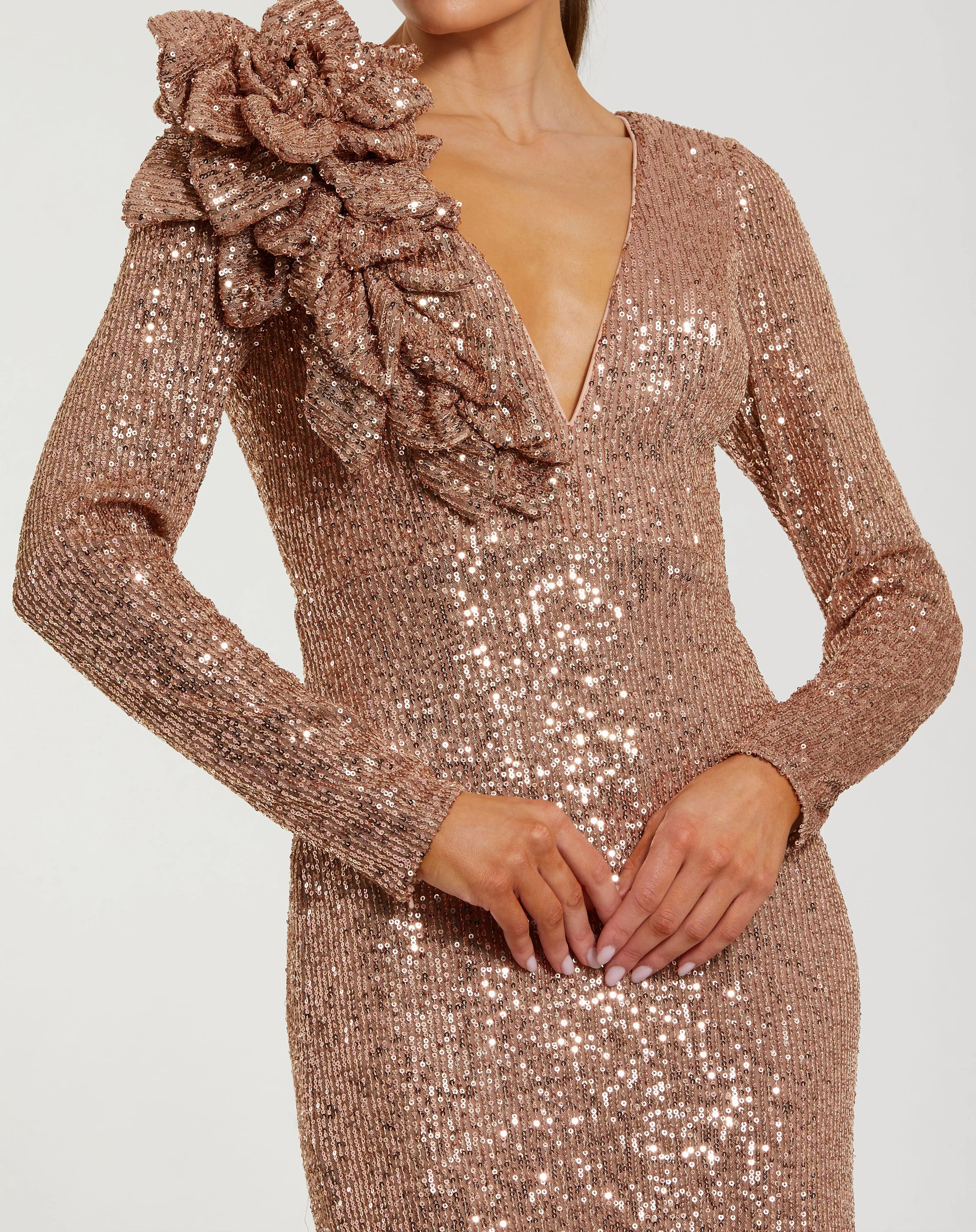 Light Pink Long Sleeve V Neck Sequin Gown With 3D Flower