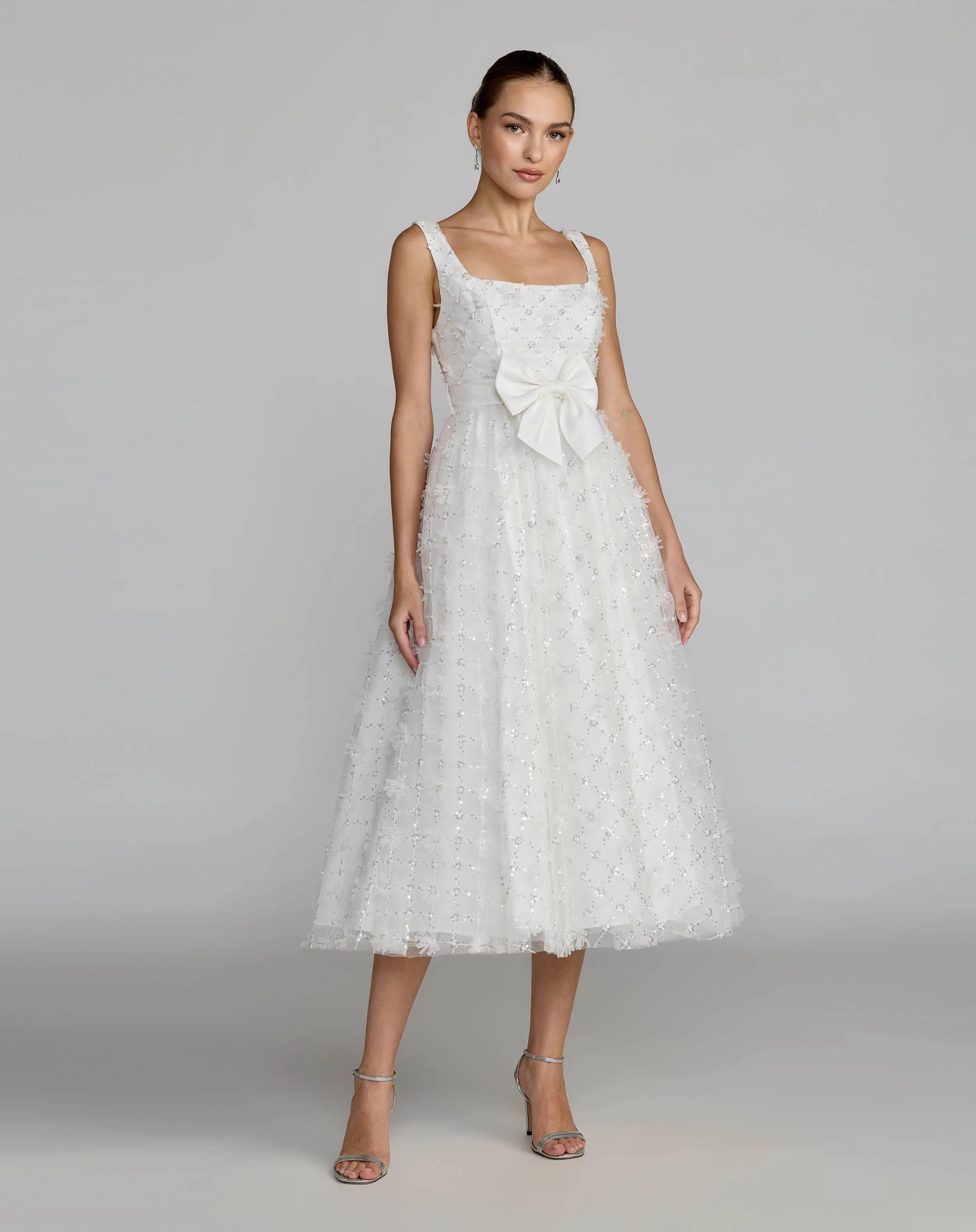 White Embellished Tulle Midi Dress with Satin Bow