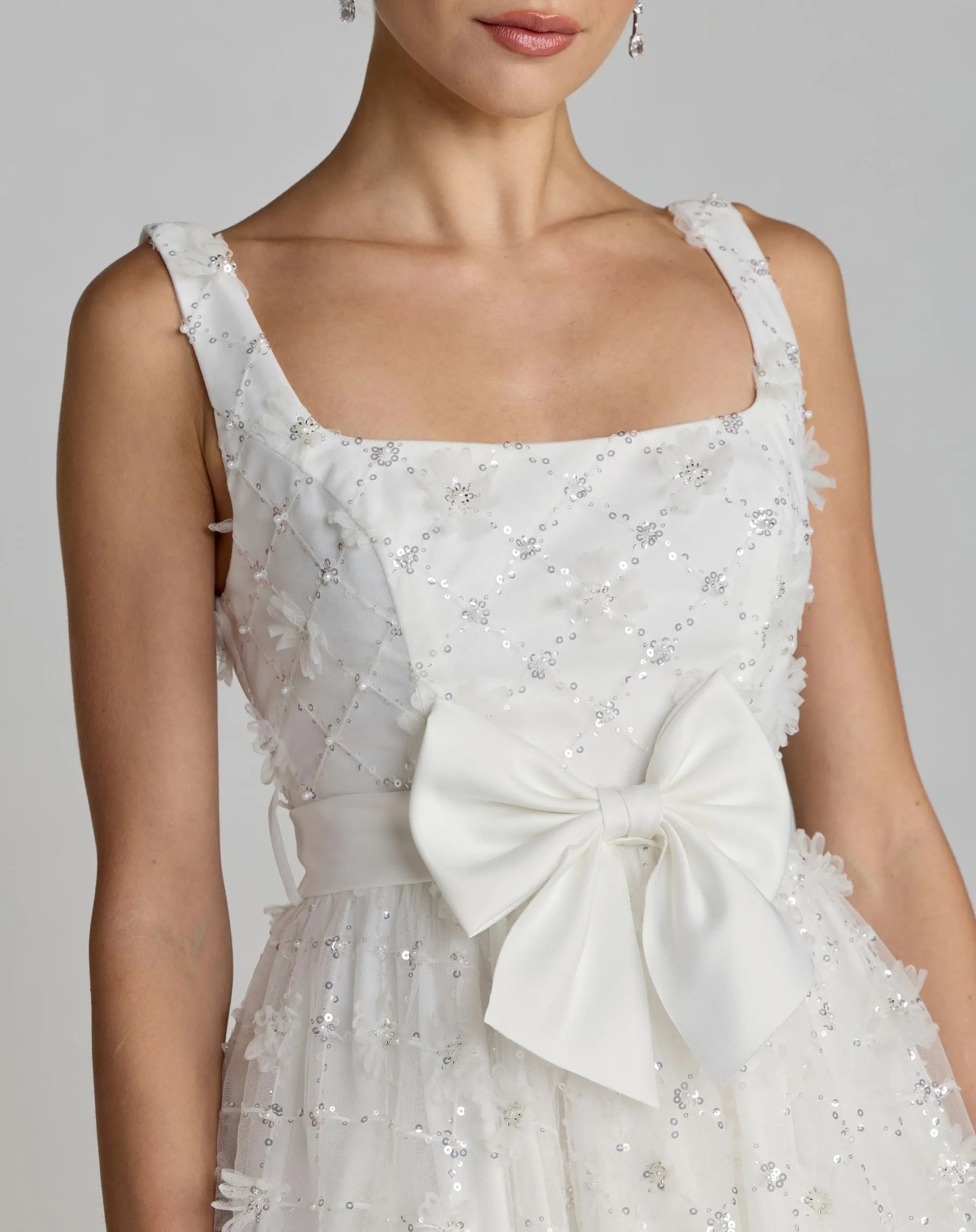 White Embellished Tulle Midi Dress with Satin Bow
