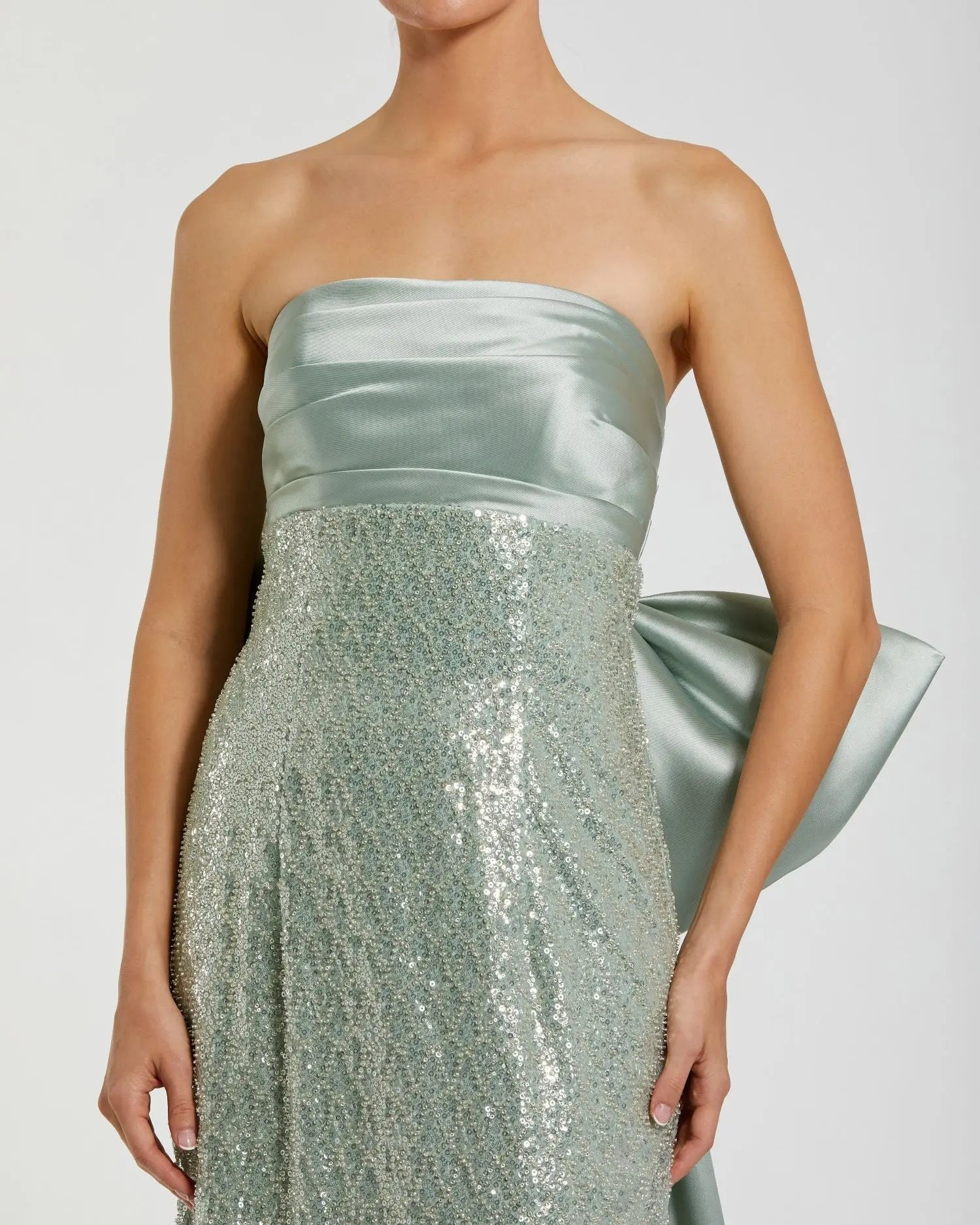 Green Strapless Embellished Gown With Back Bow Detail